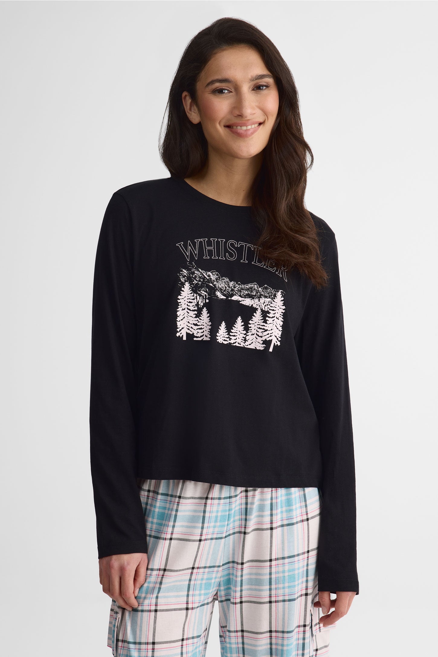 Chandail manches longues col rond graphique – Femme && NOIR