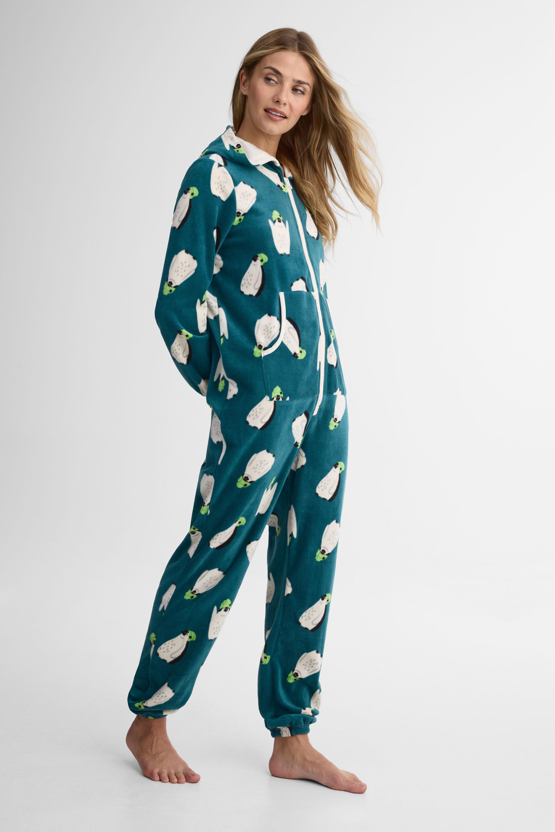 Pyjama 1 pièce capuchon en micropolar - Femme && VERT/MULTI