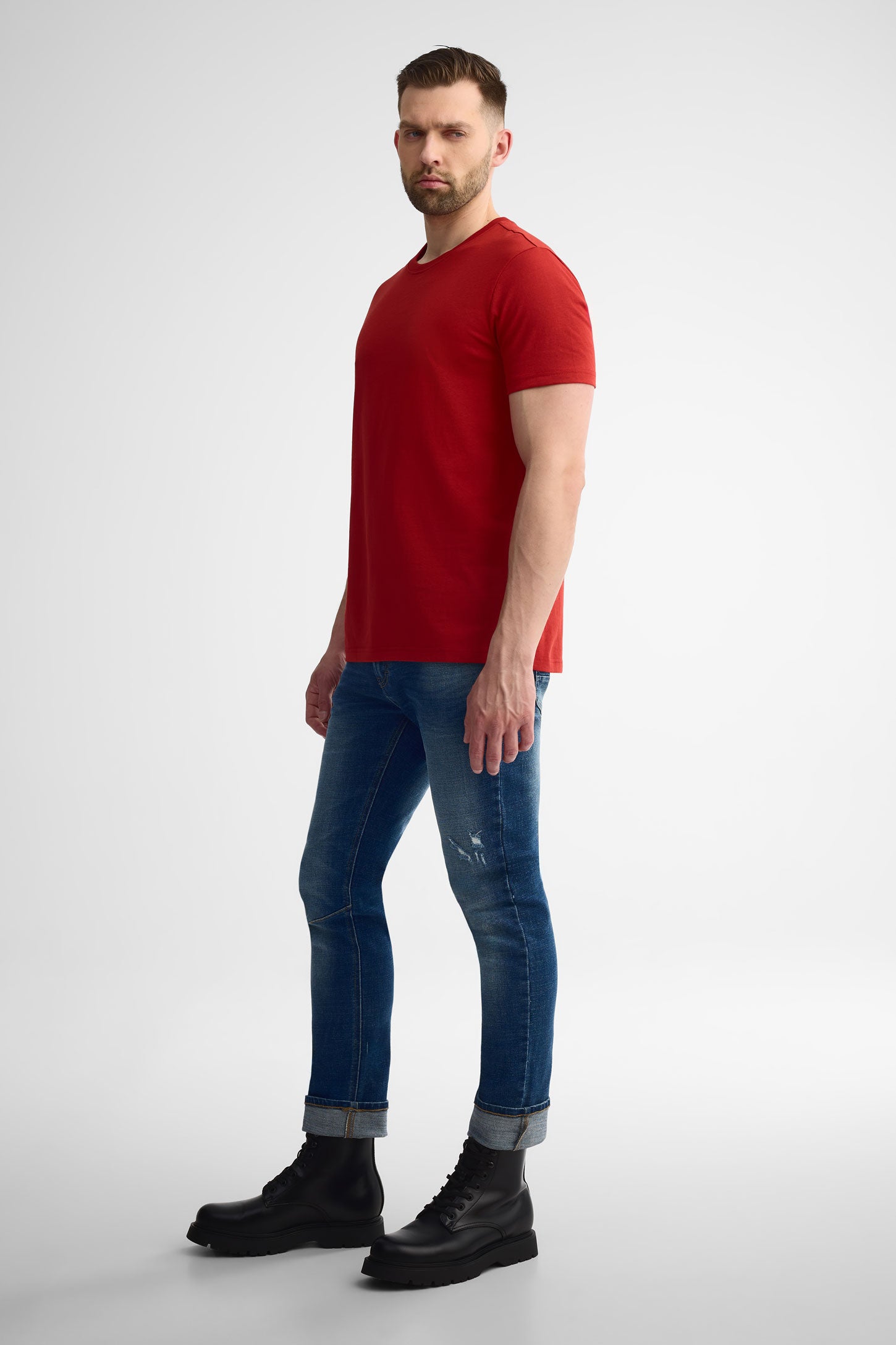 T-shirt basic col rond en jersey coton 3/25$ - Homme && ROUGE