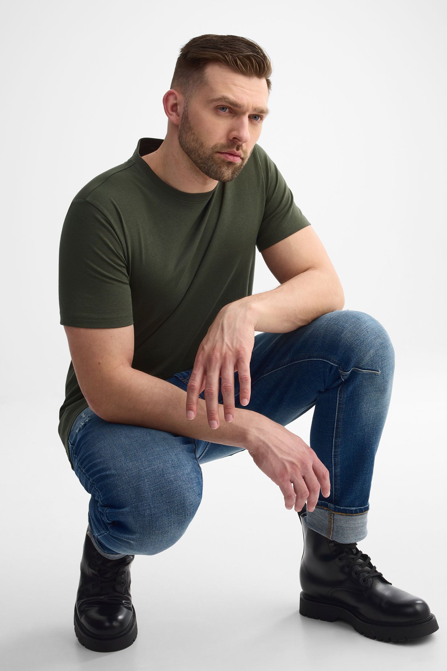 T-shirt basic col rond en jersey coton 3/25$ - Homme && OLIVE