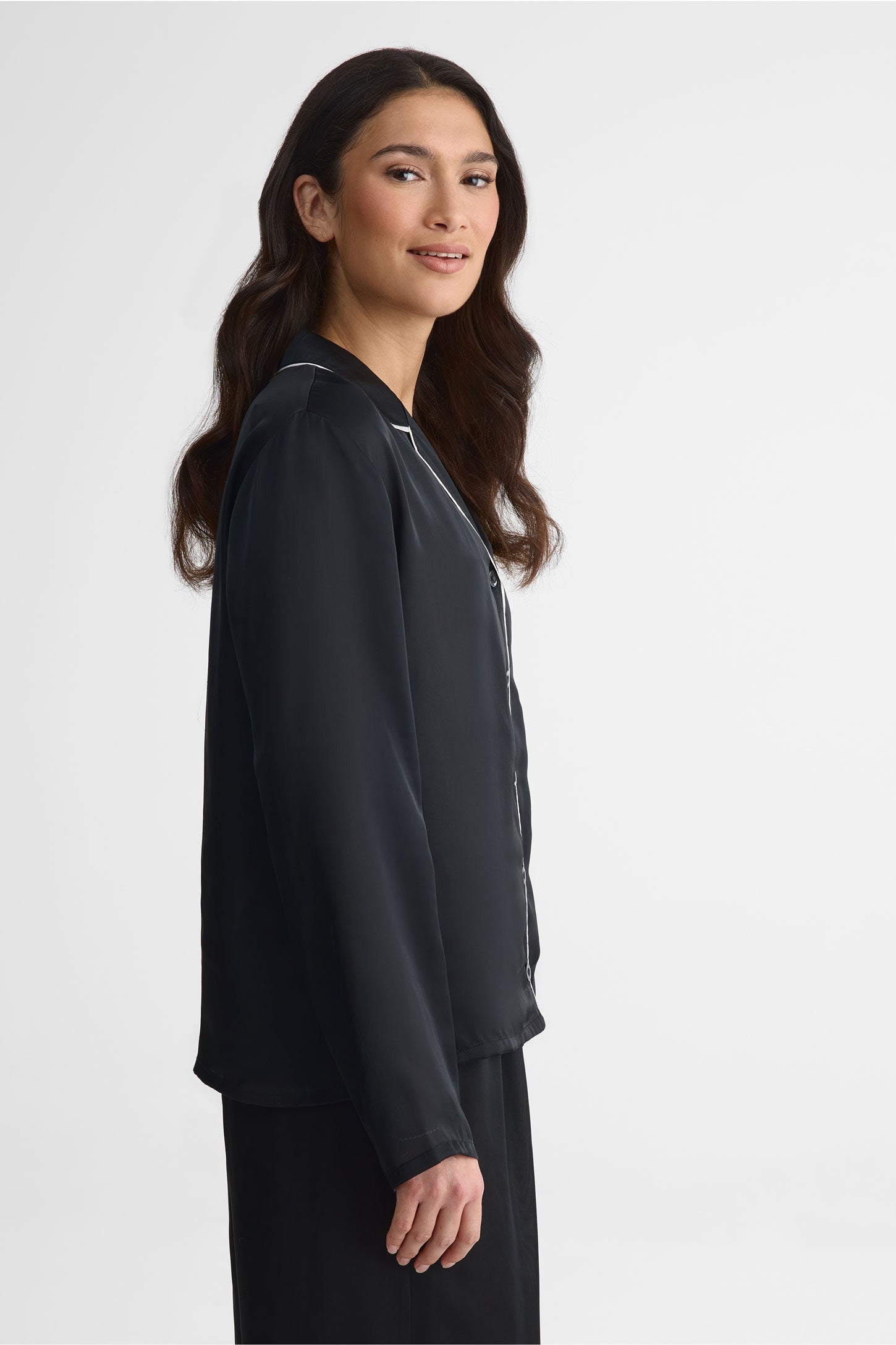 Ensemble pyjama en satin, col chemisier - Femme && NOIR