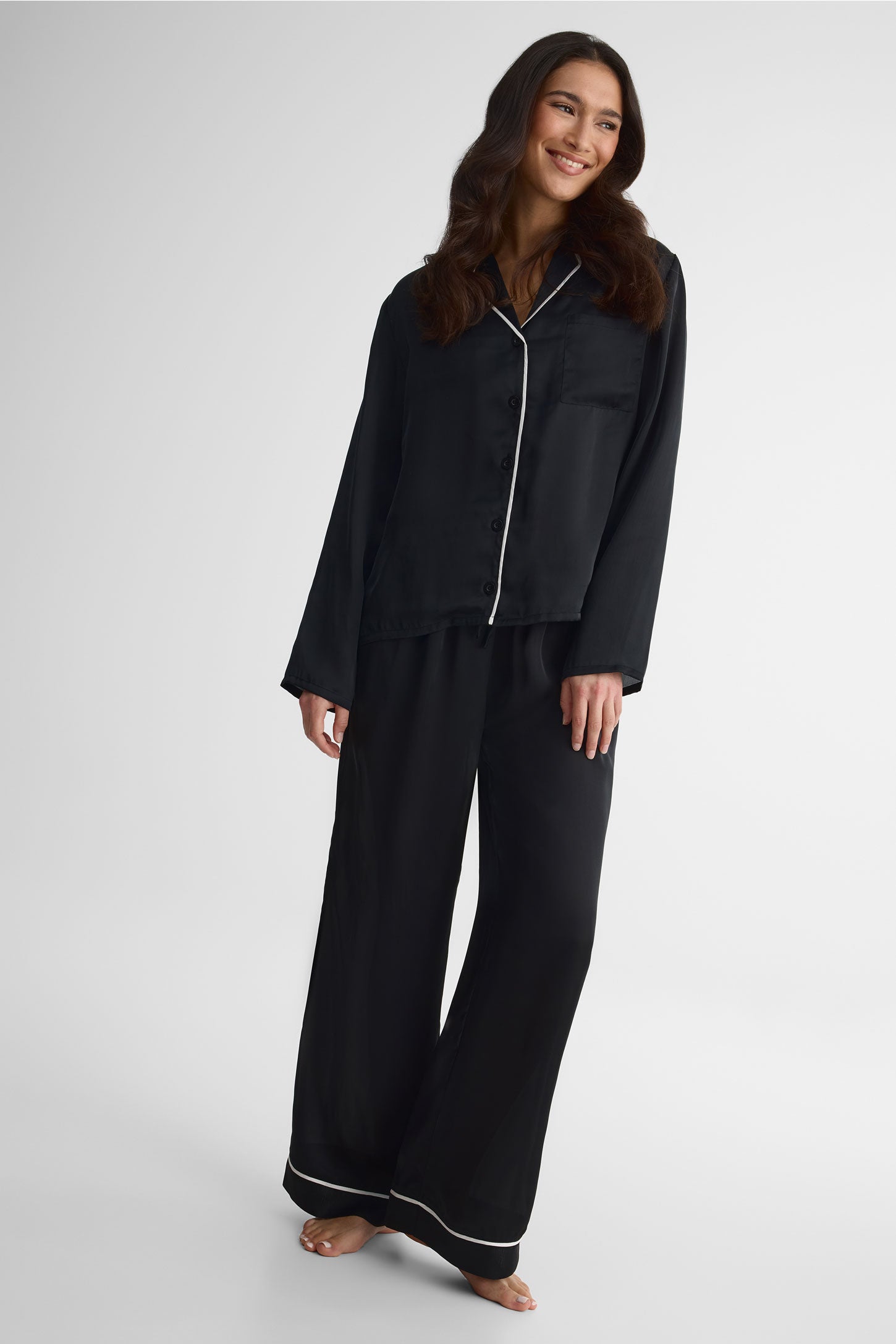 Ensemble pyjama en satin, col chemisier - Femme && NOIR