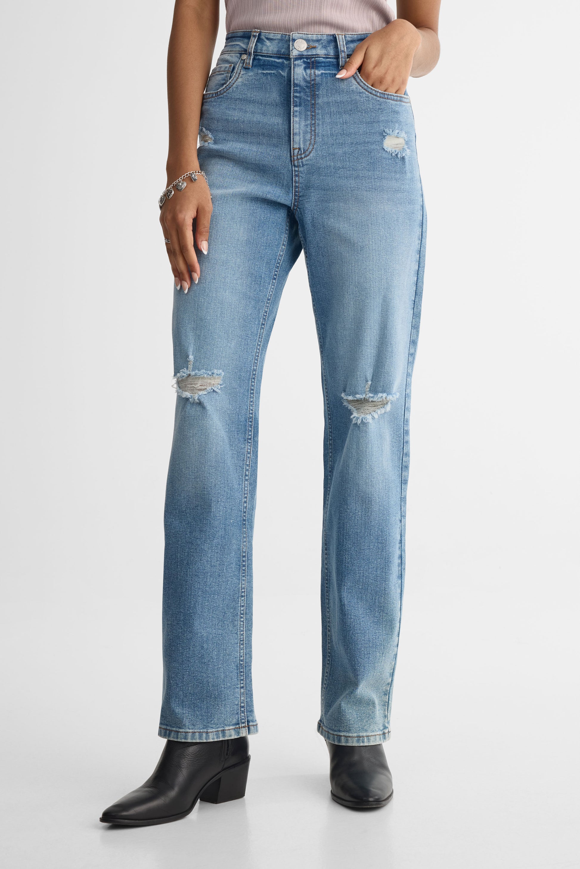 Jeans taille haute jambe droite – Femme && DENIM PALE