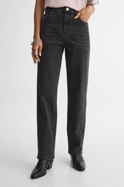 Jeans taille haute jambe droite – Femme && DENIM NOIR