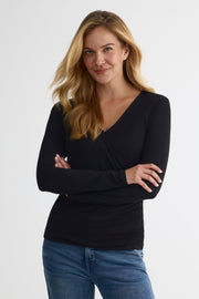 Chandail léger col cache-cœur ajusté – Femme && NOIR