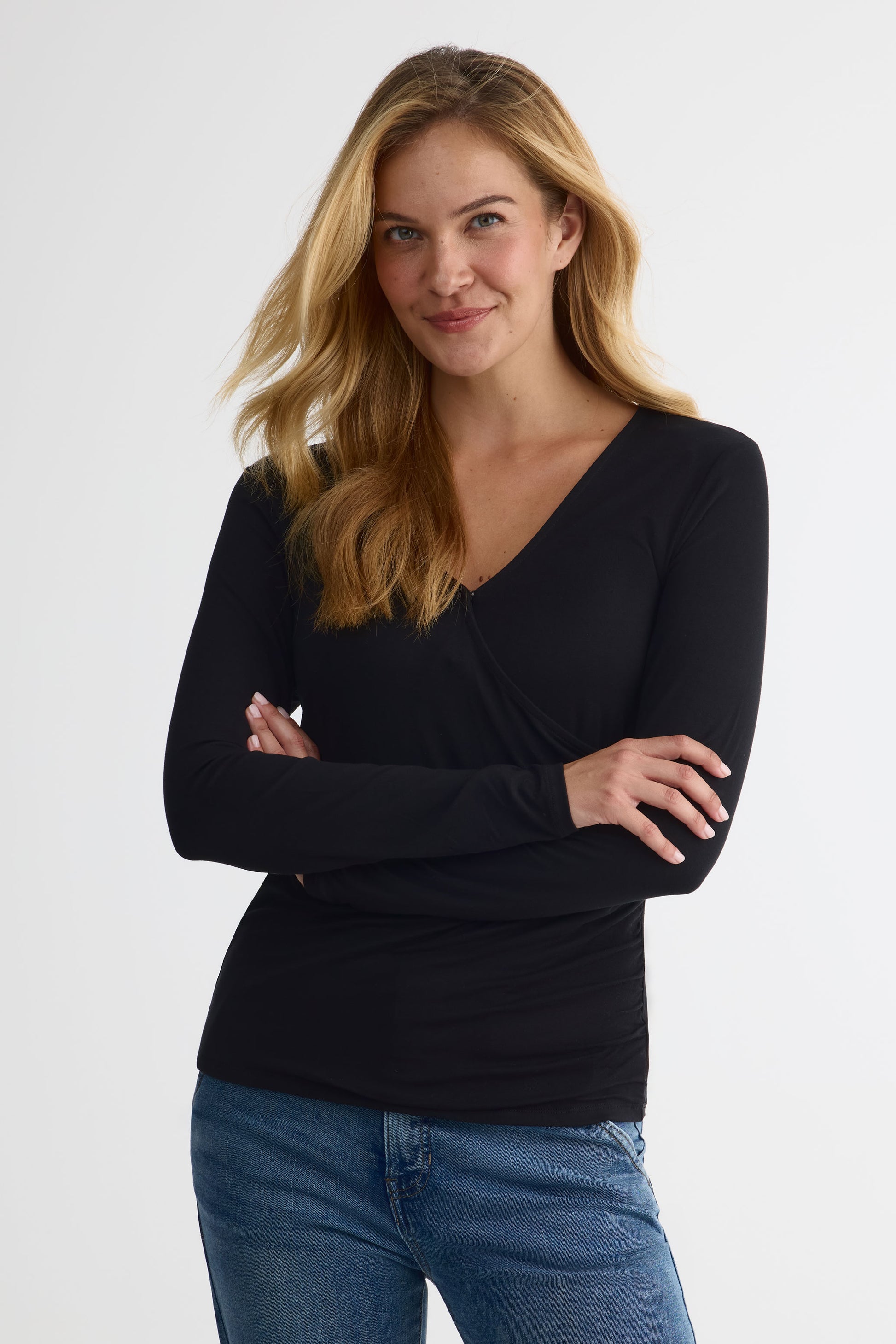 Chandail léger col cache-cœur ajusté – Femme && NOIR