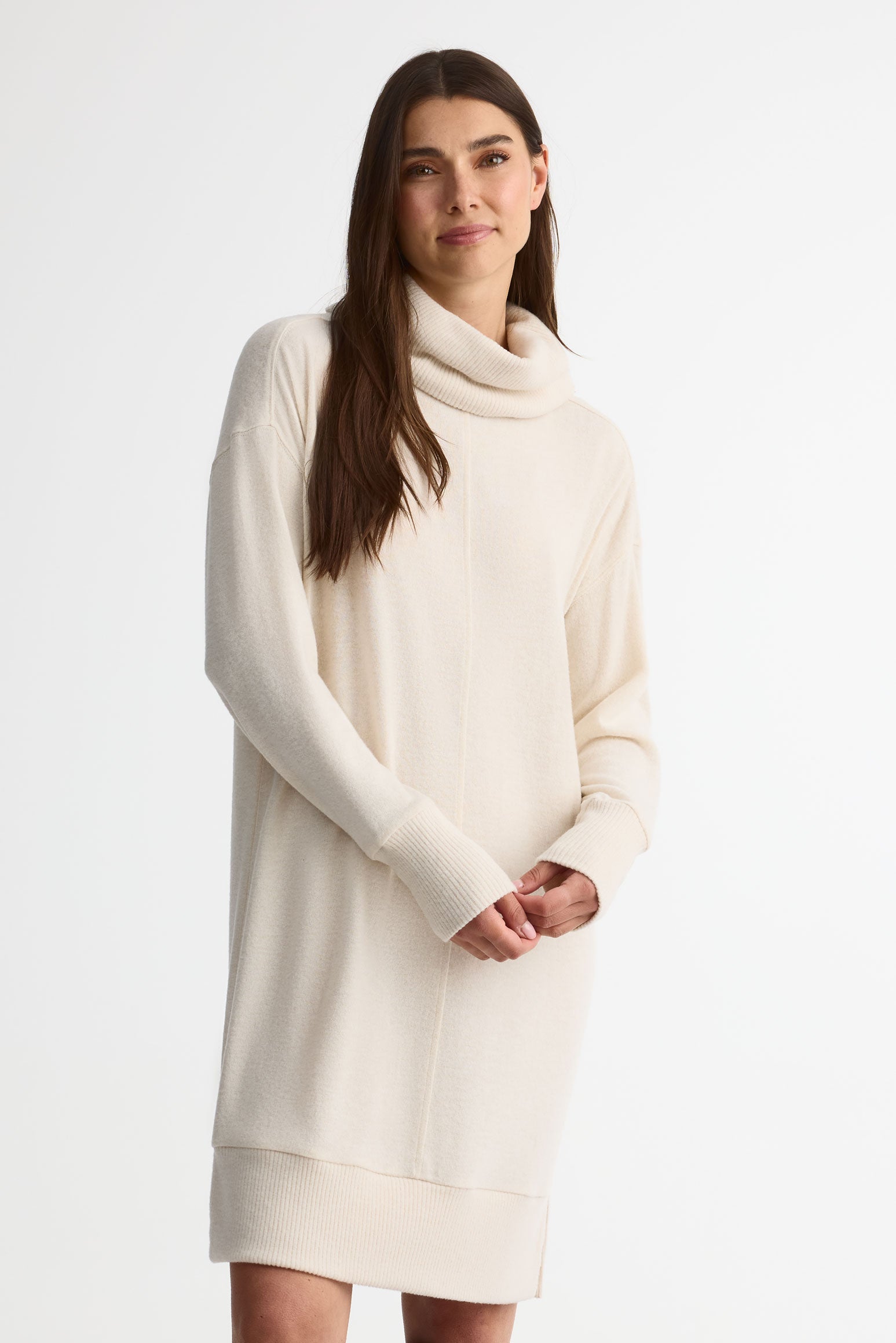 Robe longue col roulé en tricot doux - Femme && BLANC CASSÉ