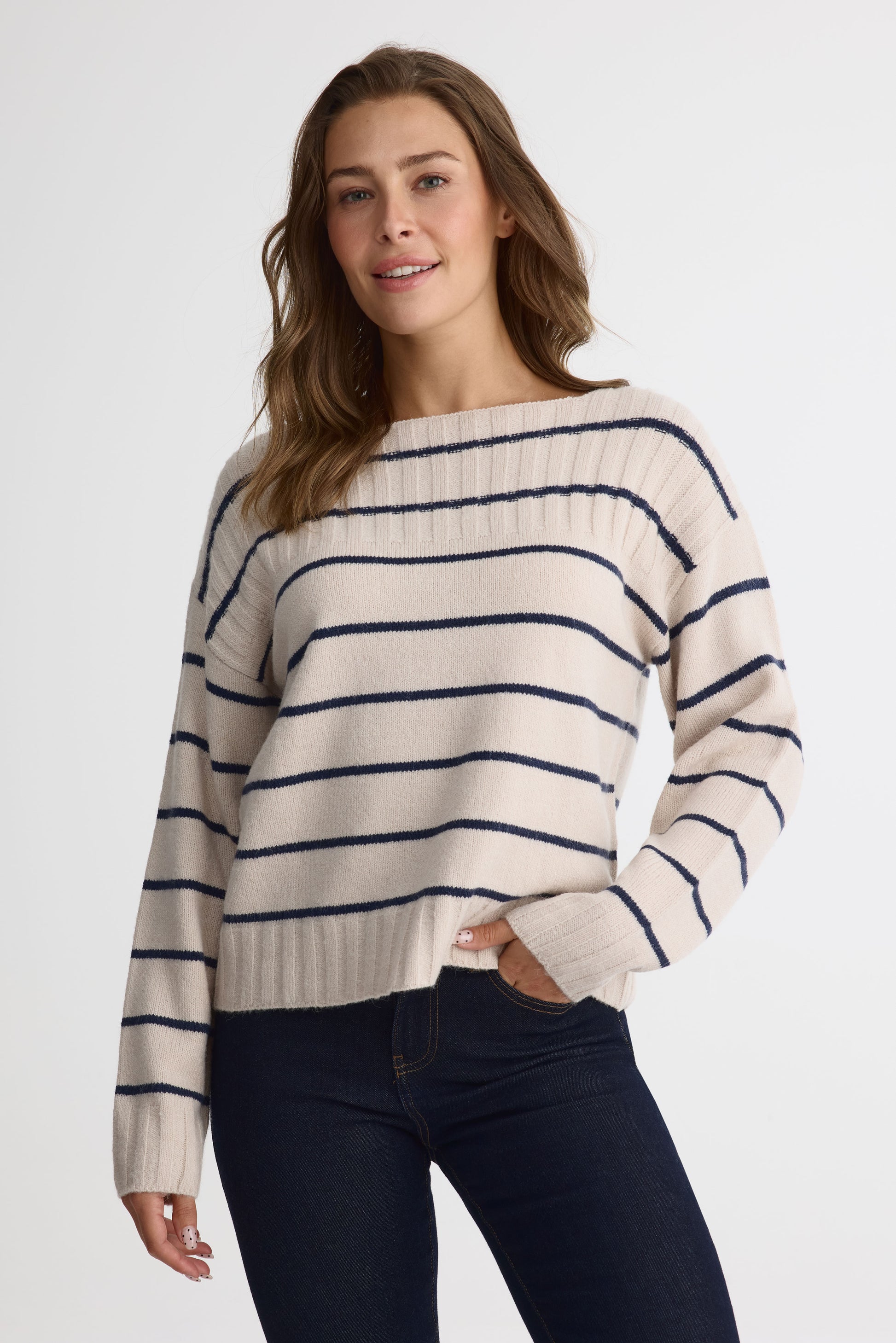 Chandail tricot rayé col bateau – Femme && OATMEAL