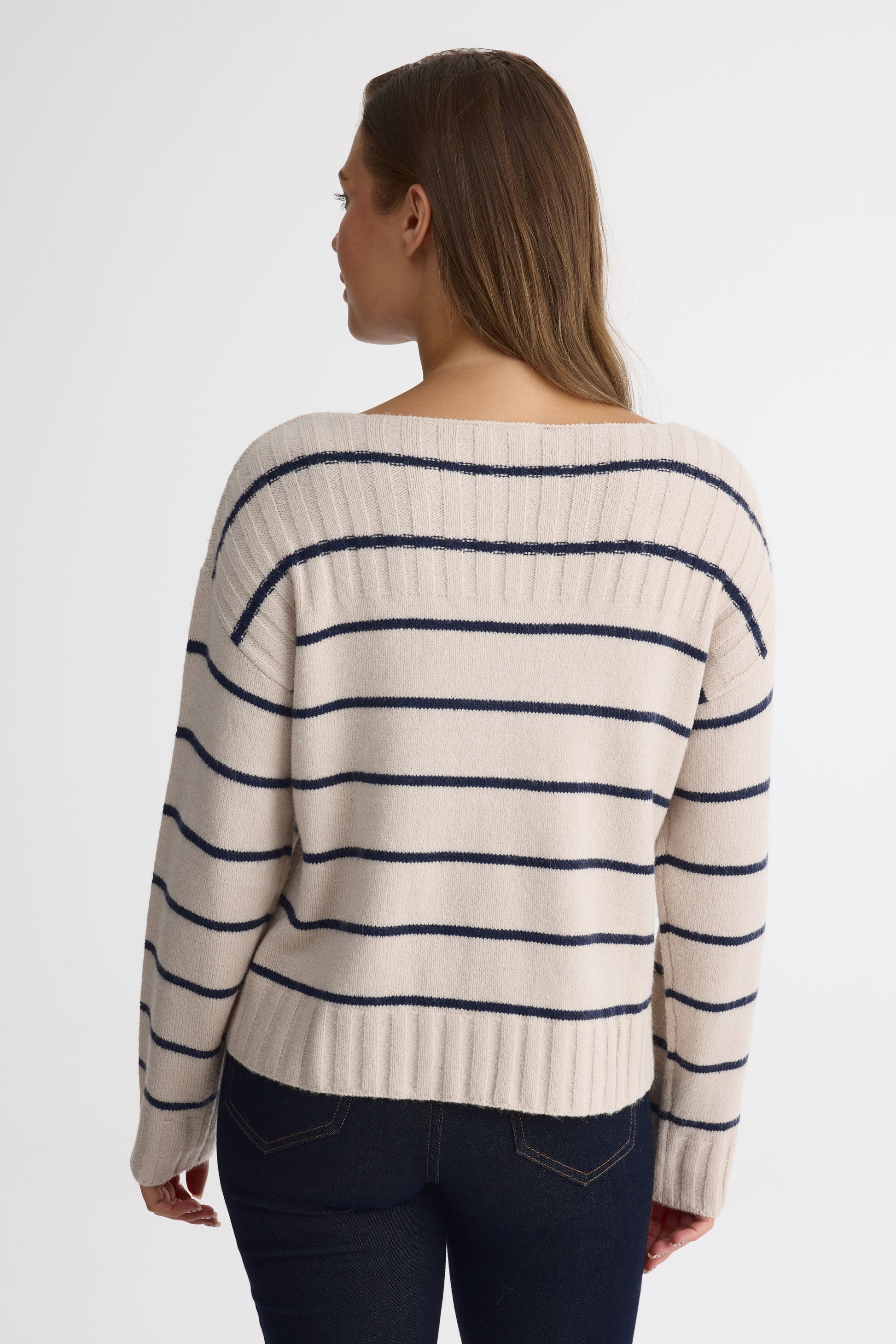 Chandail tricot rayé col bateau – Femme && OATMEAL