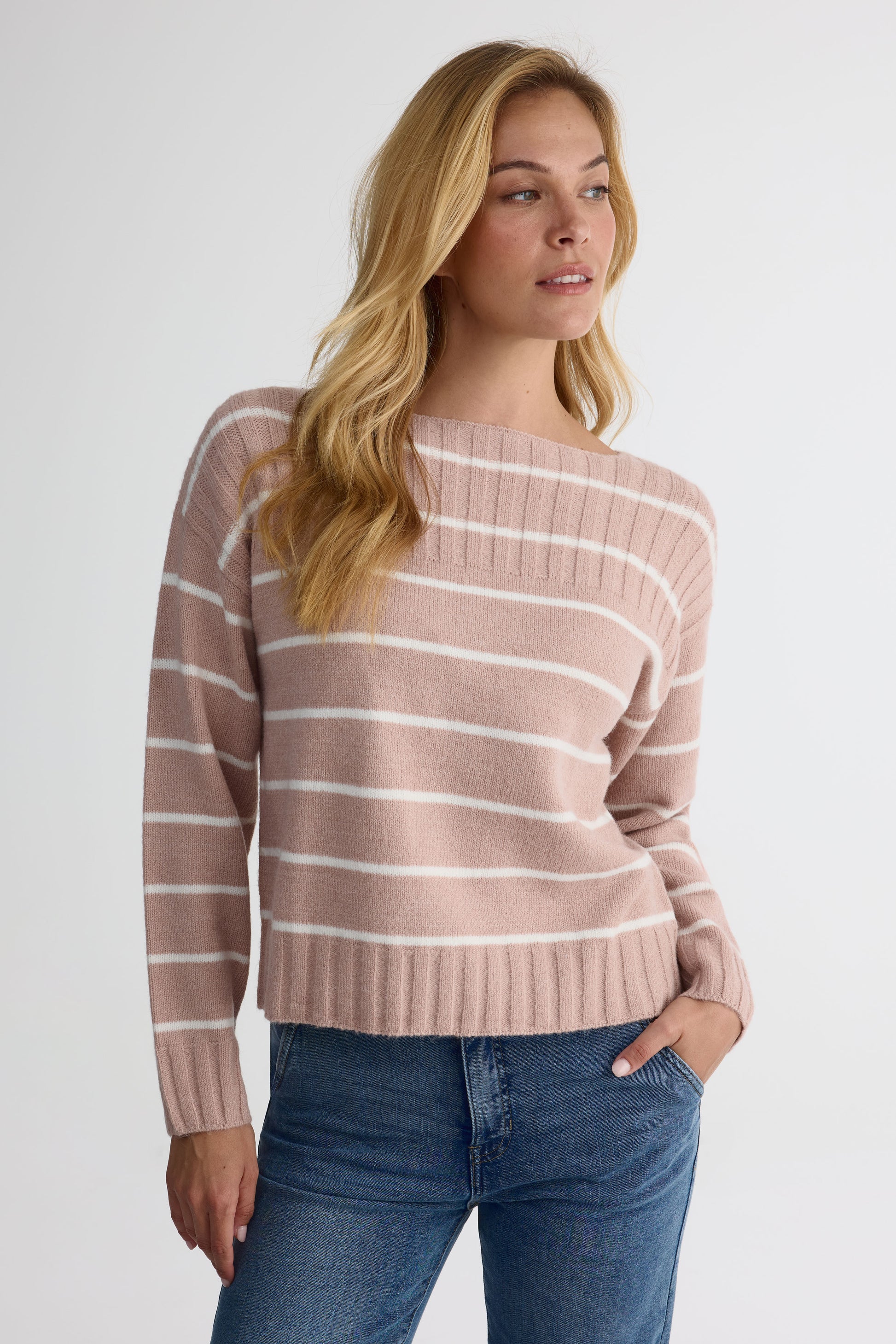Chandail tricot rayé col bateau – Femme && ROSE MULTI