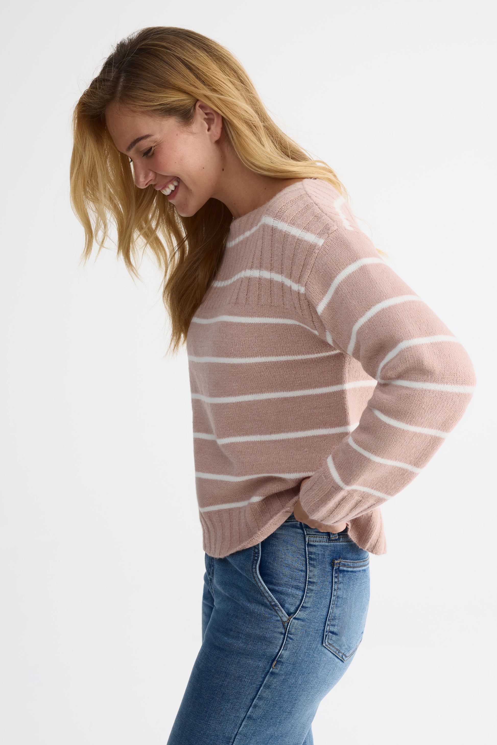 Chandail tricot rayé col bateau – Femme && ROSE MULTI