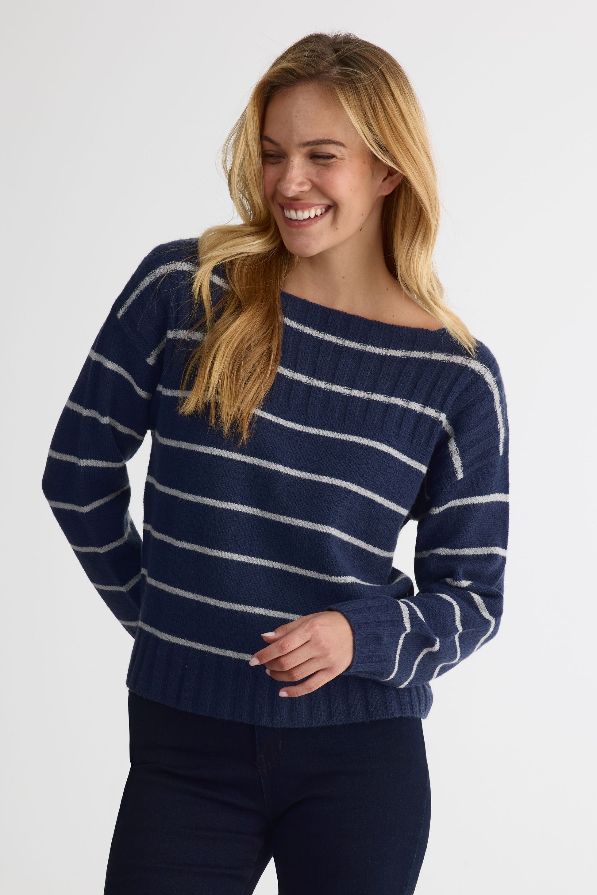 Chandail tricot rayé col bateau – Femme && MARIN/MULTI