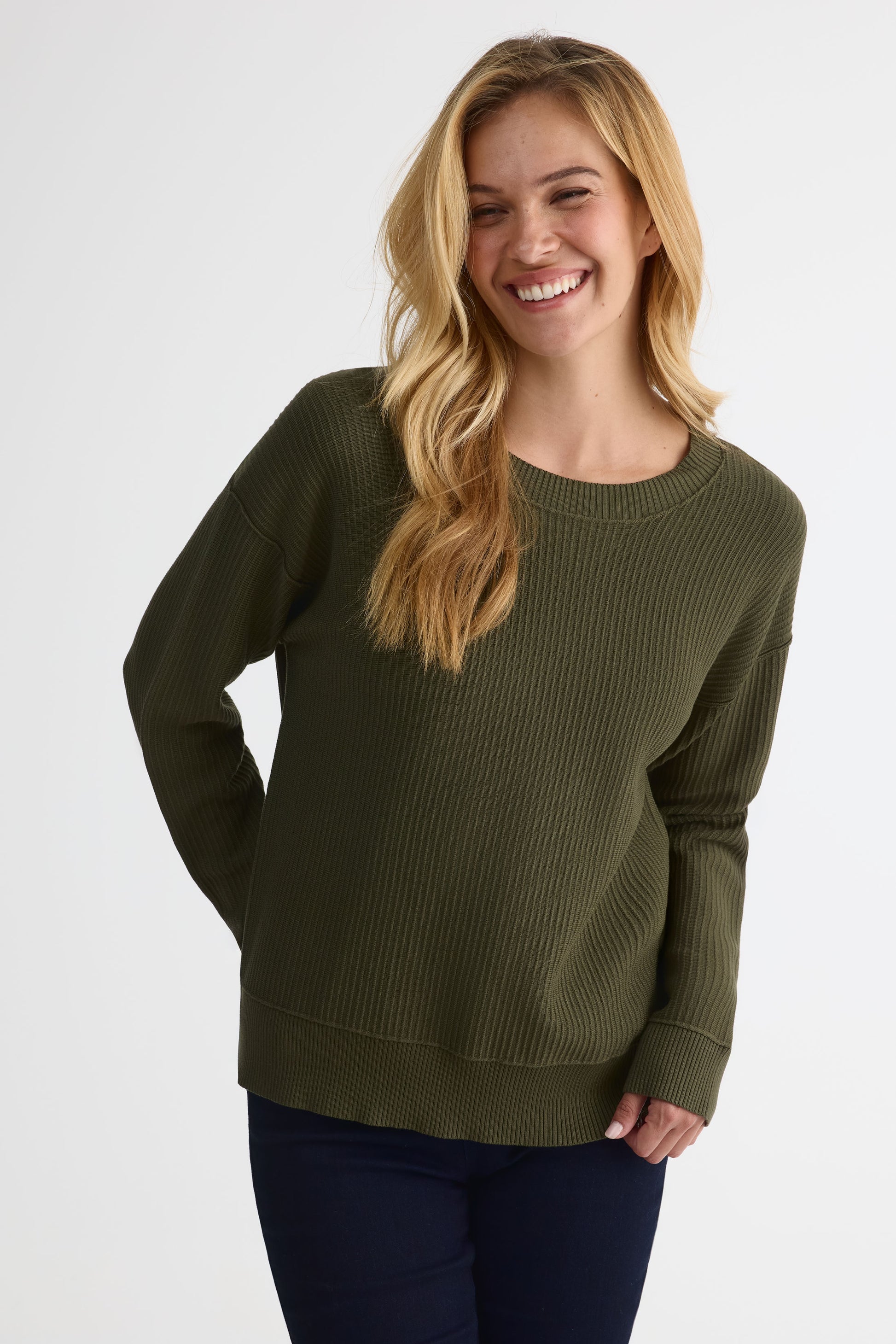 Chandail tricot col rond en viscose - Femme && KAKI