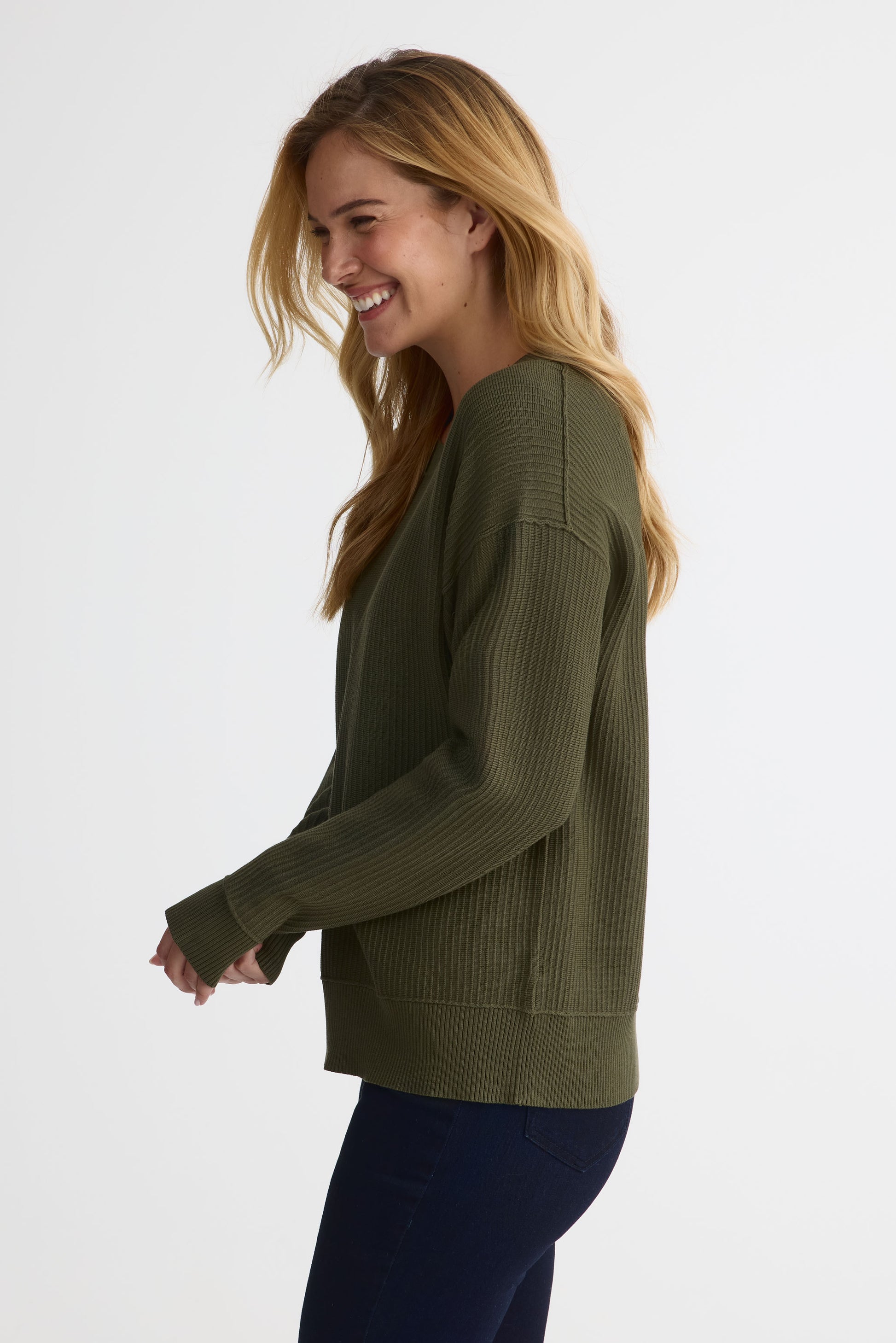 Chandail tricot col rond en viscose - Femme && KAKI