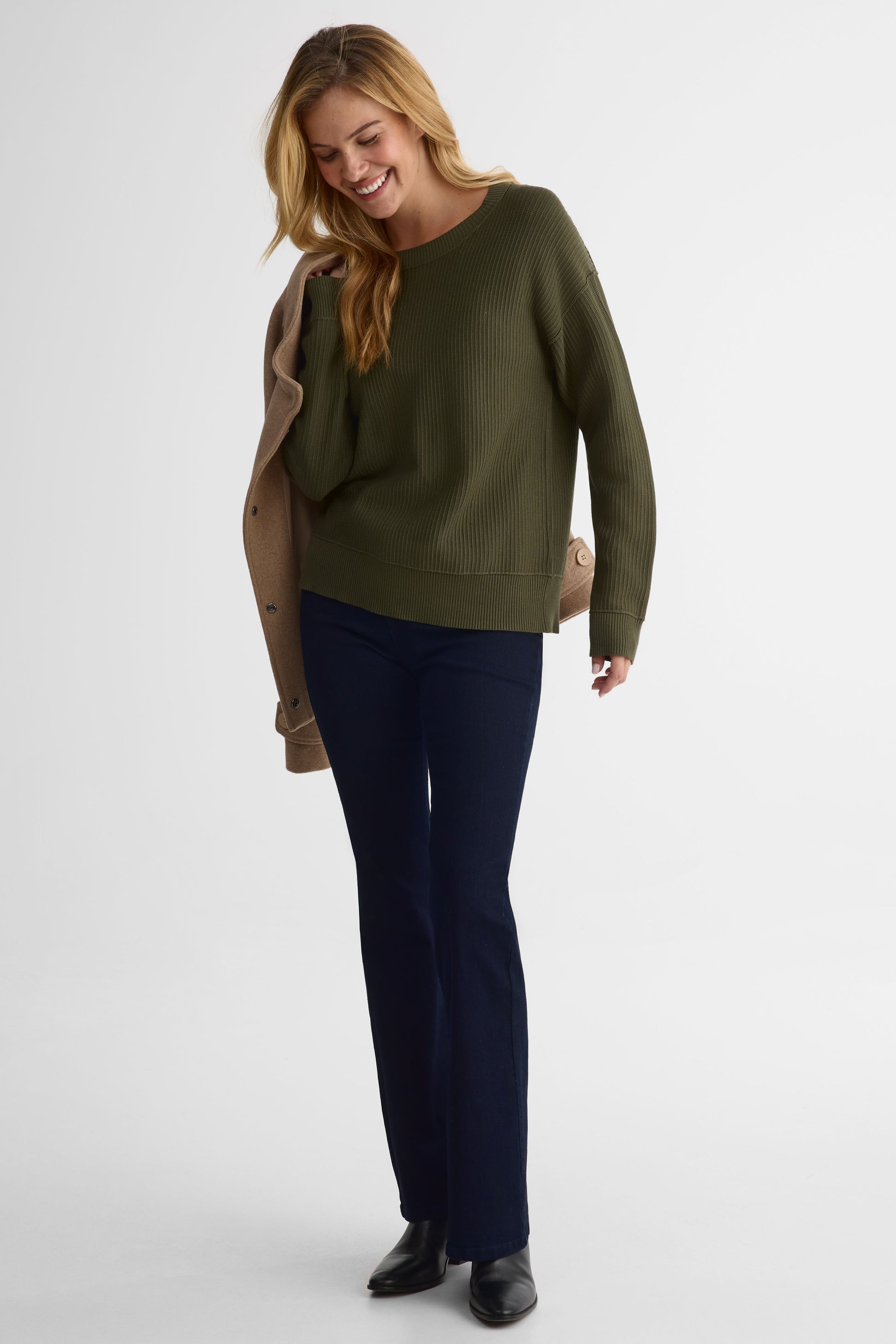 Chandail tricot col rond en viscose - Femme && KAKI