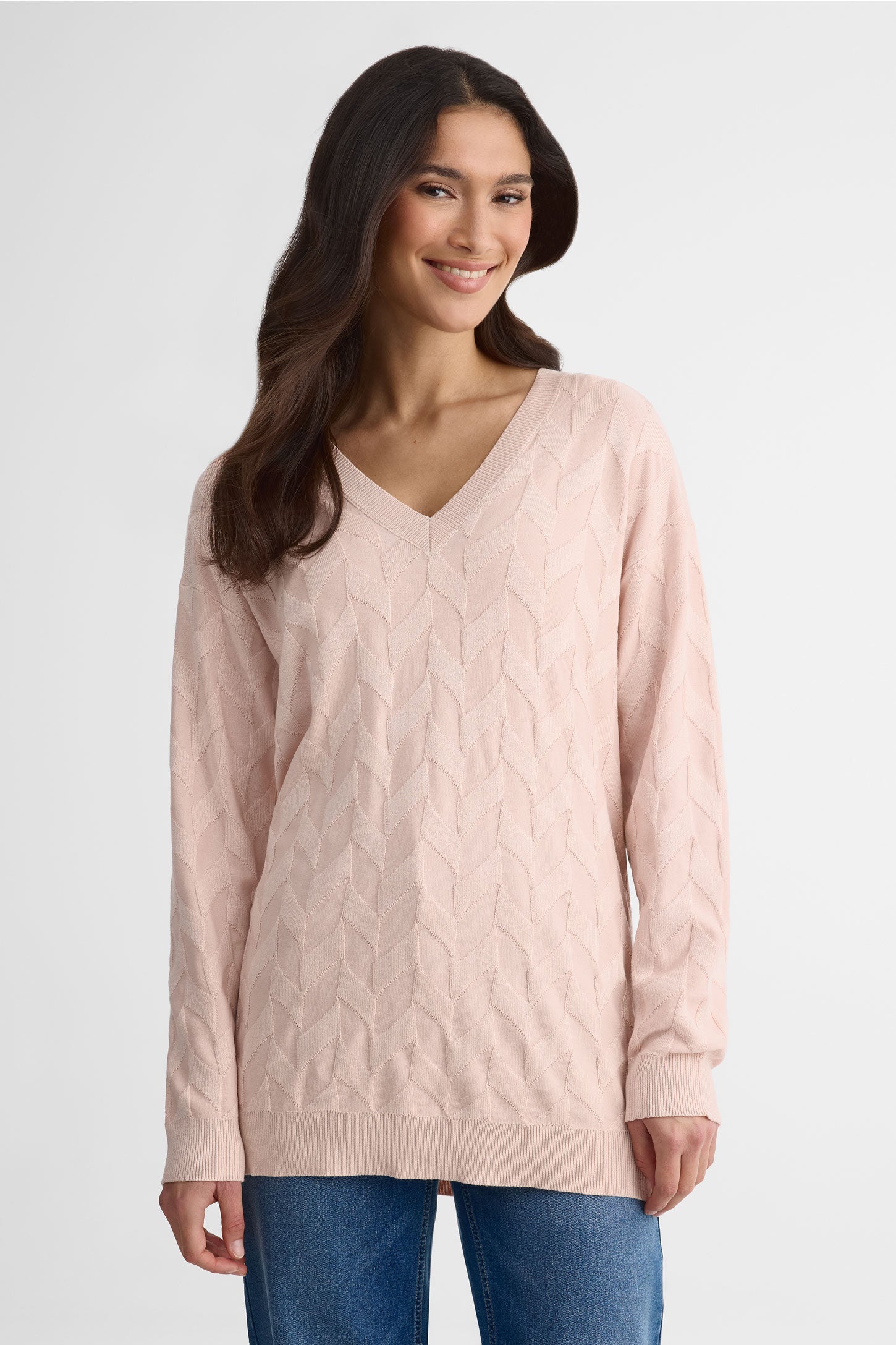 Chandail tricot col V, manches longues – Femme && ROSE