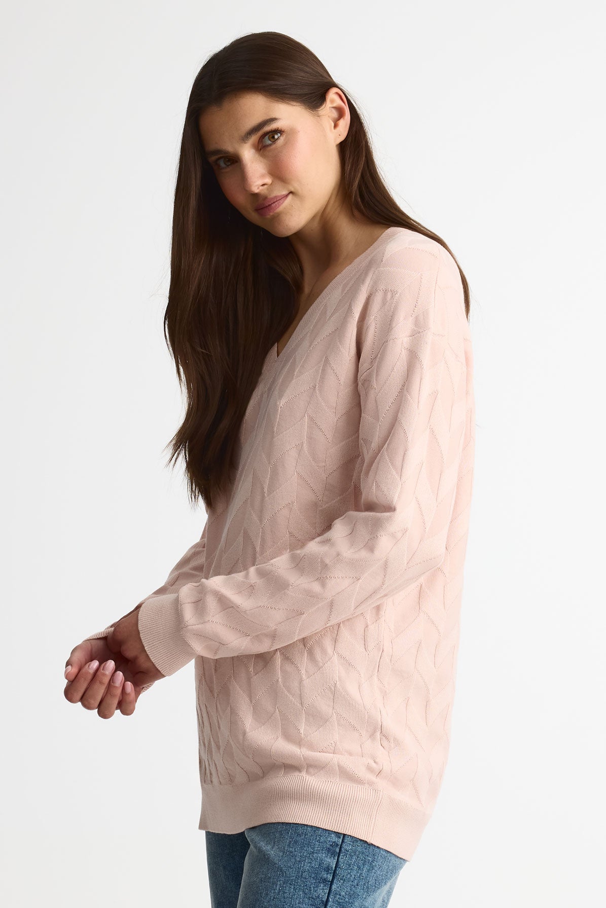 Chandail tricot col V, manches longues – Femme && ROSE