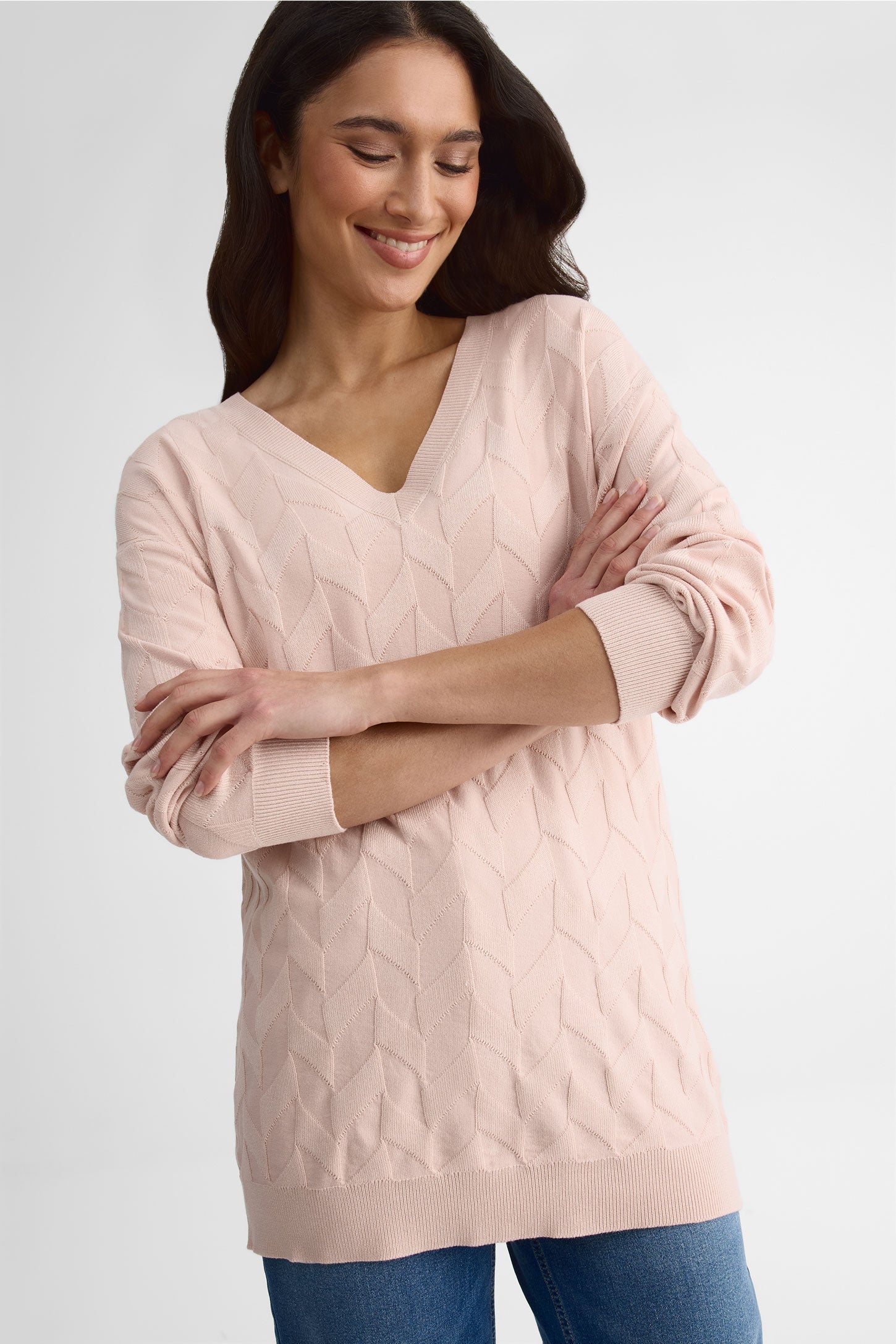 Chandail tricot col V, manches longues – Femme && ROSE