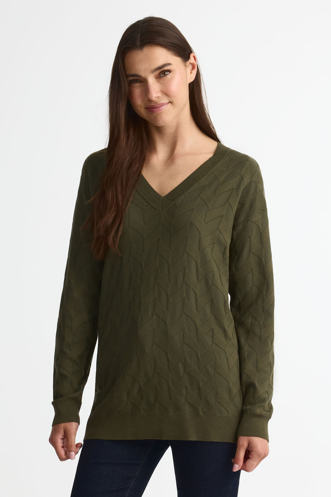 Chandail tricot col V, manches longues – Femme && KAKI