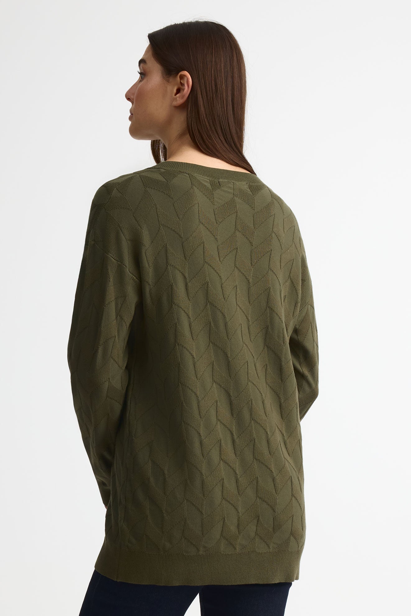 Chandail tricot col V, manches longues – Femme && KAKI