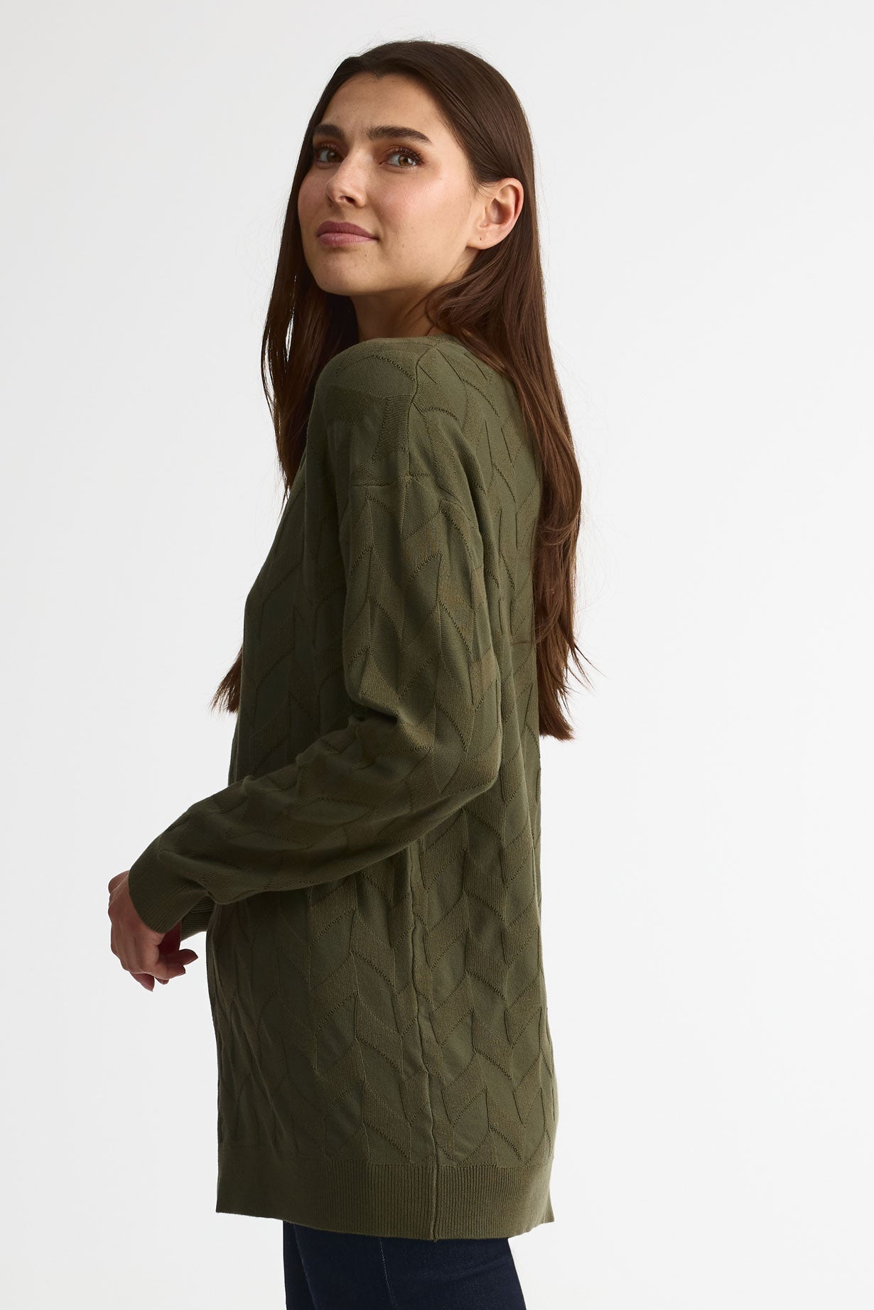 Chandail tricot col V, manches longues – Femme && KAKI