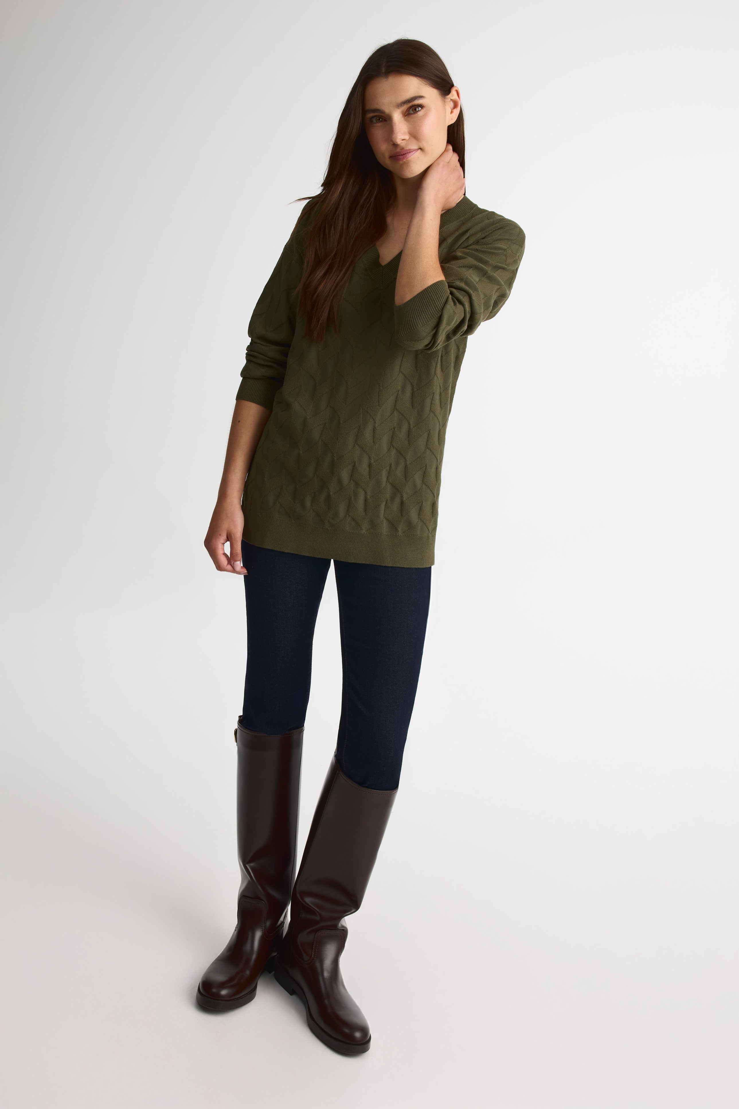 Chandail tricot col V, manches longues – Femme && KAKI