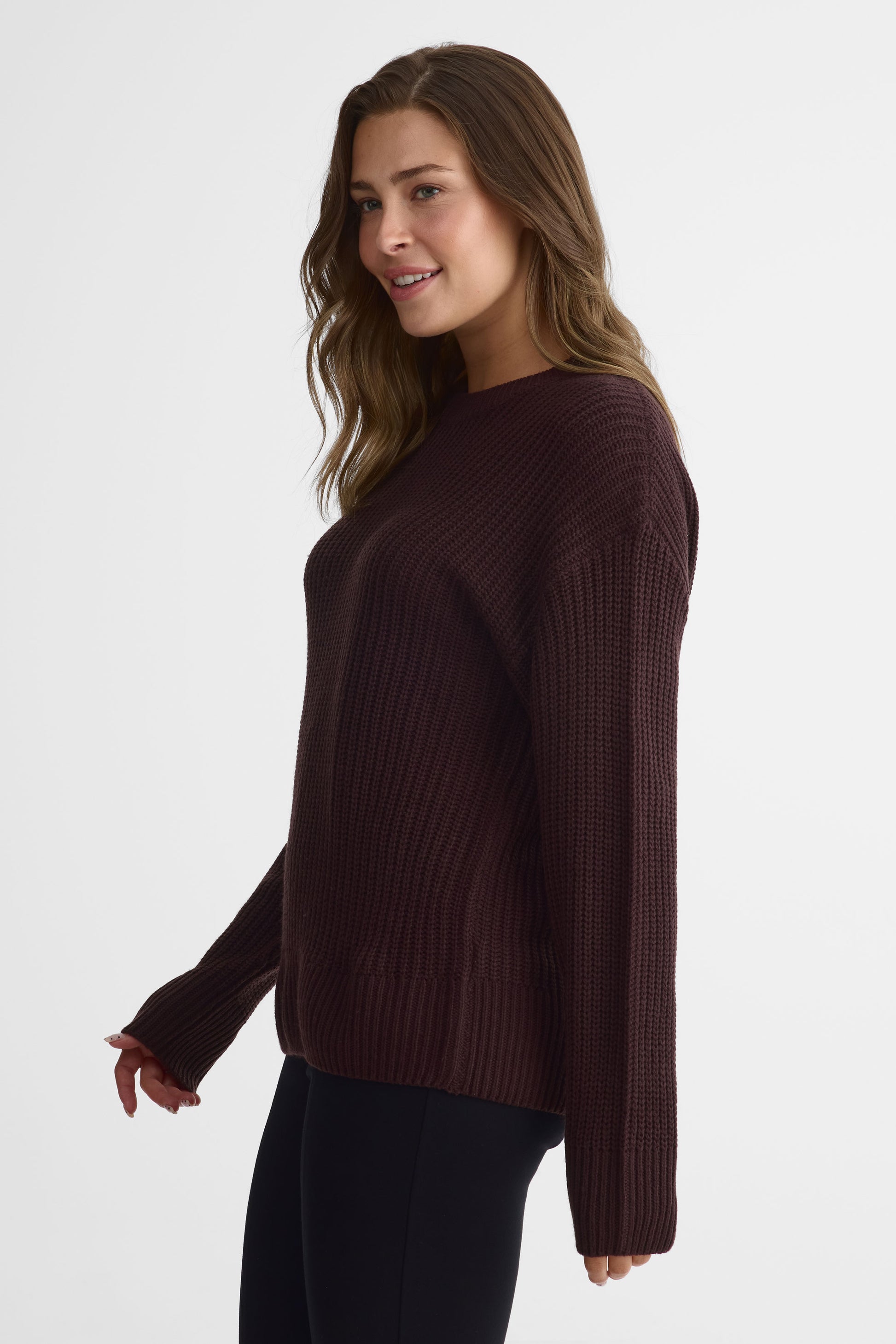 Chandail tricot col rond à manches longues - Femme && PRUNE