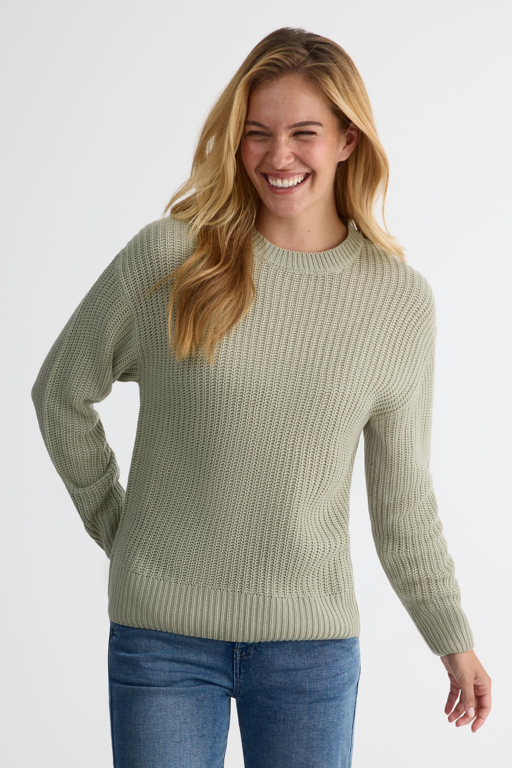 Chandail tricot col rond à manches longues - Femme && VERT PALE