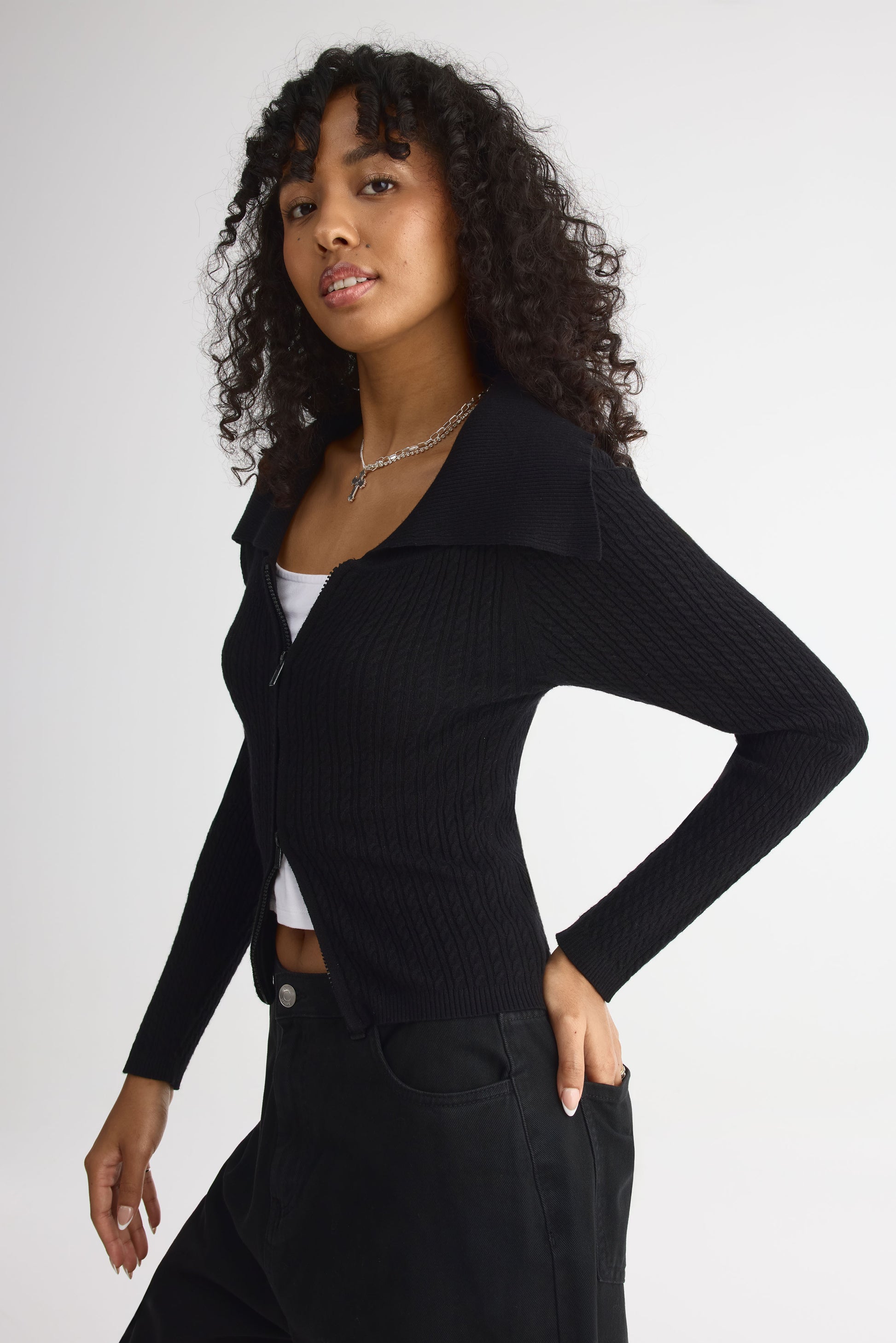 Veste tricot crop à zip - Femme && NOIR
