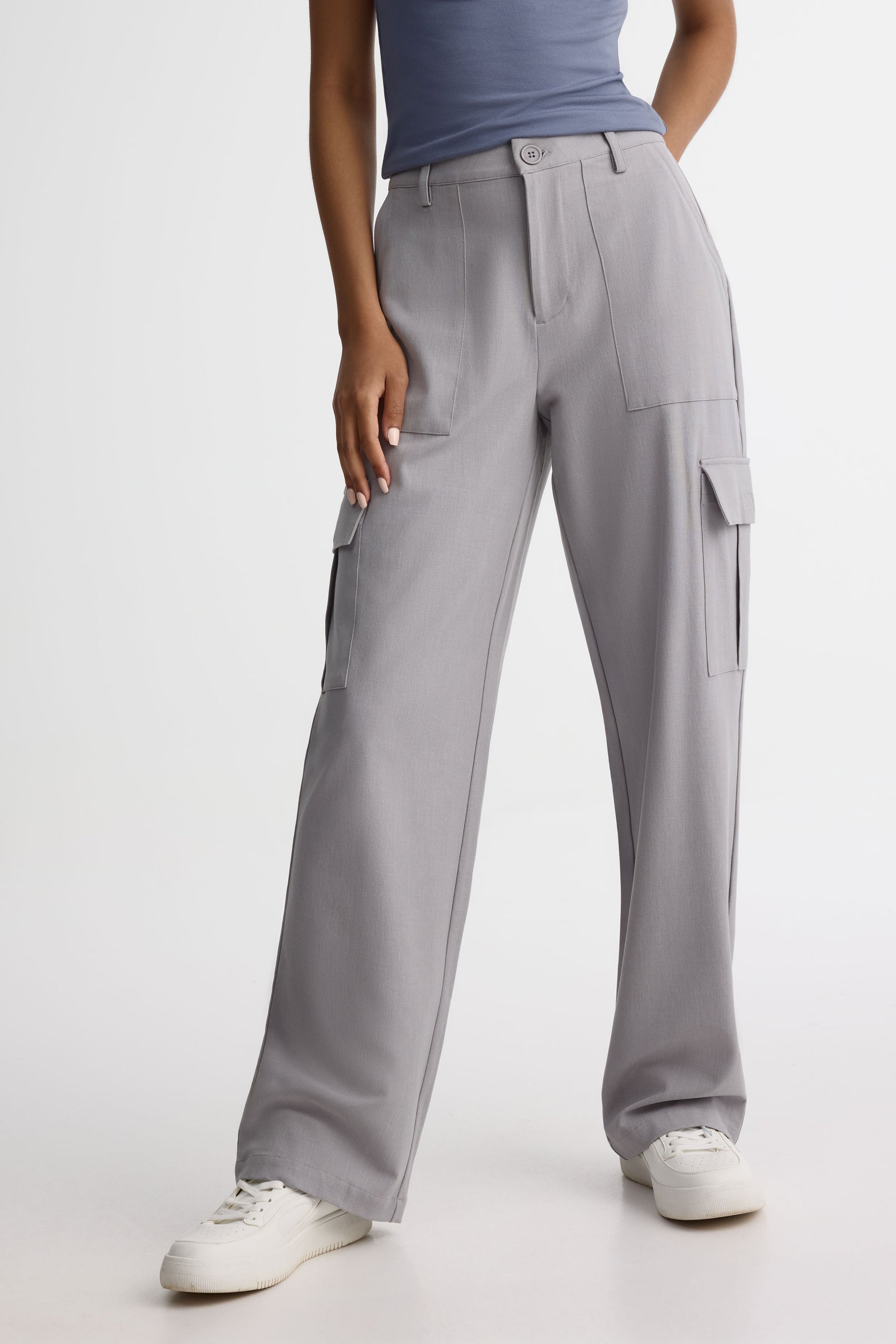 Pantalon cargo taille haute uni – Jeune femme && GRIS MIXTE