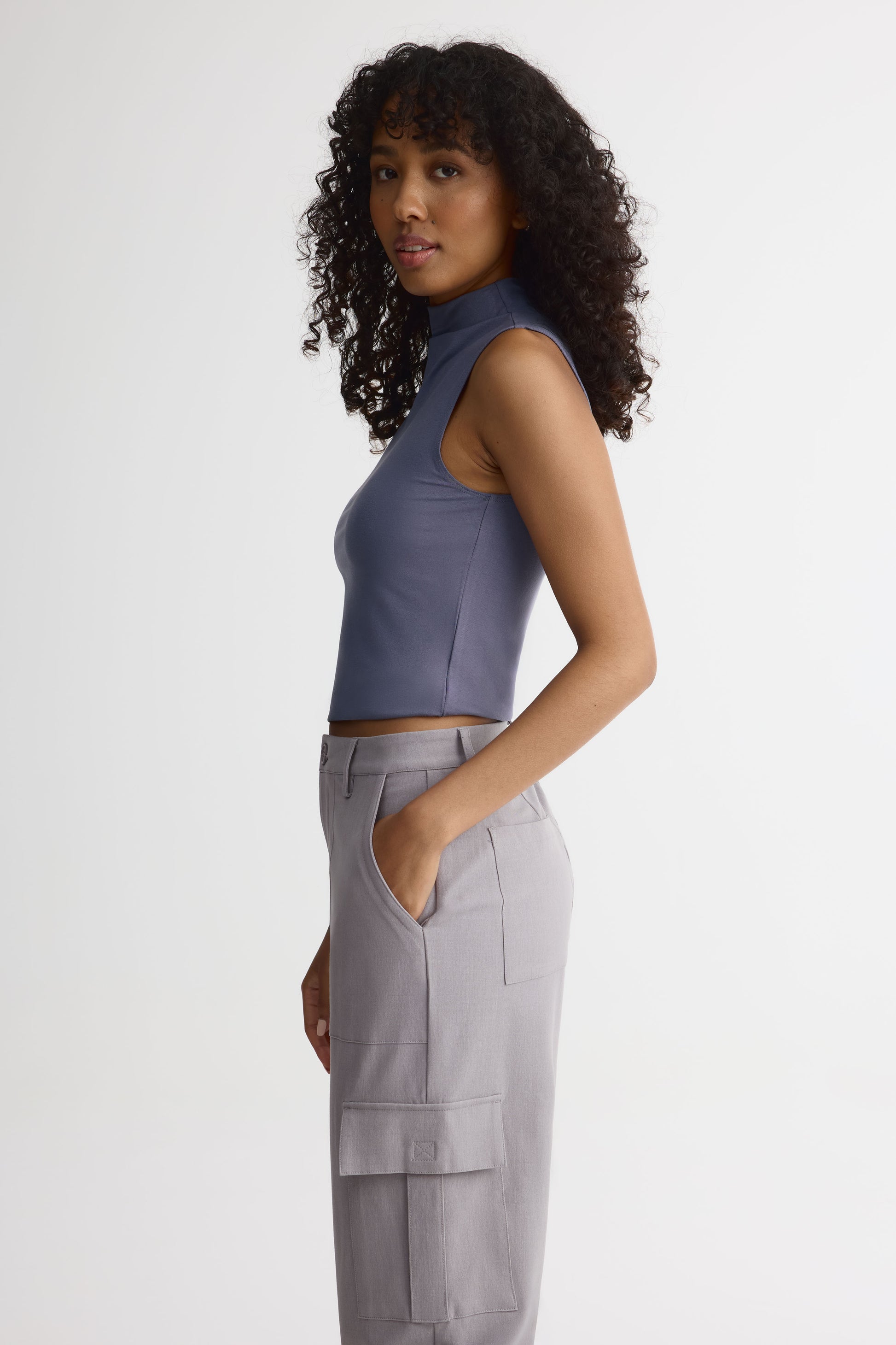 Pantalon cargo taille haute uni – Jeune femme && GRIS MIXTE