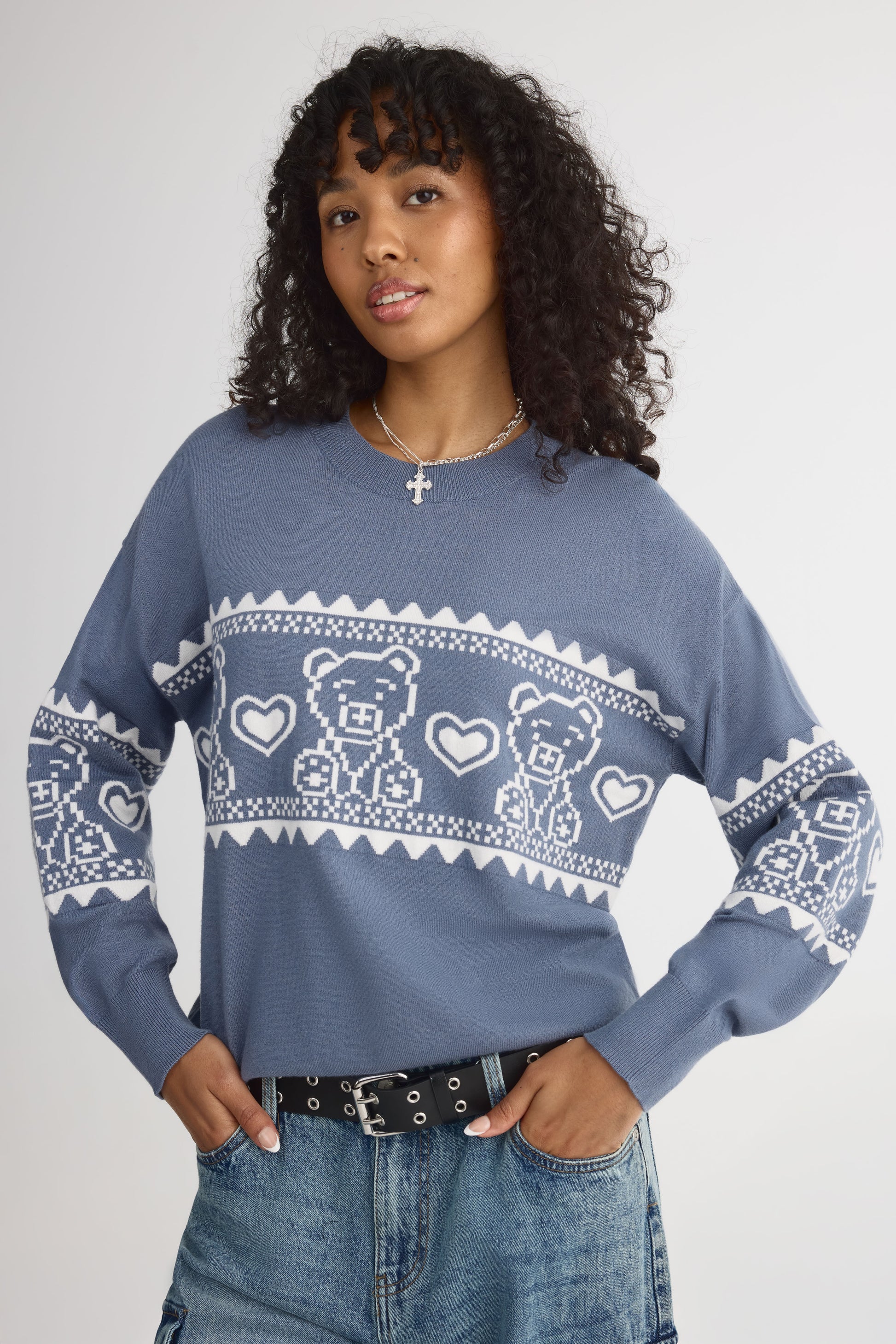 Chandail tricot à motifs – Jeune femme && GRIS MULTI