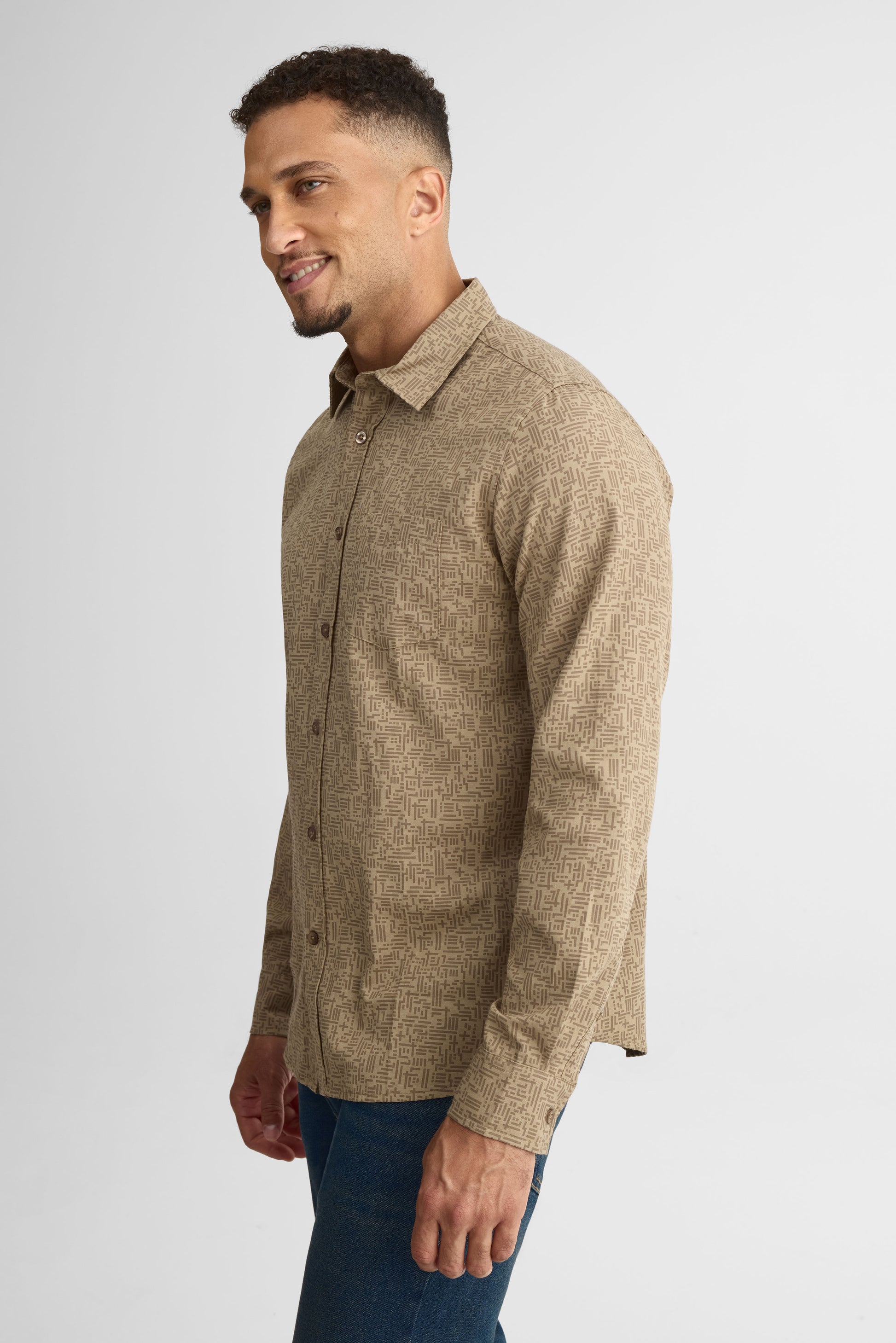 Chemise à manches longues en coton - Homme && TAUPE MULTI