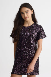 Chandail T-shirt paillettes col ovale – Ado fille && NOIR