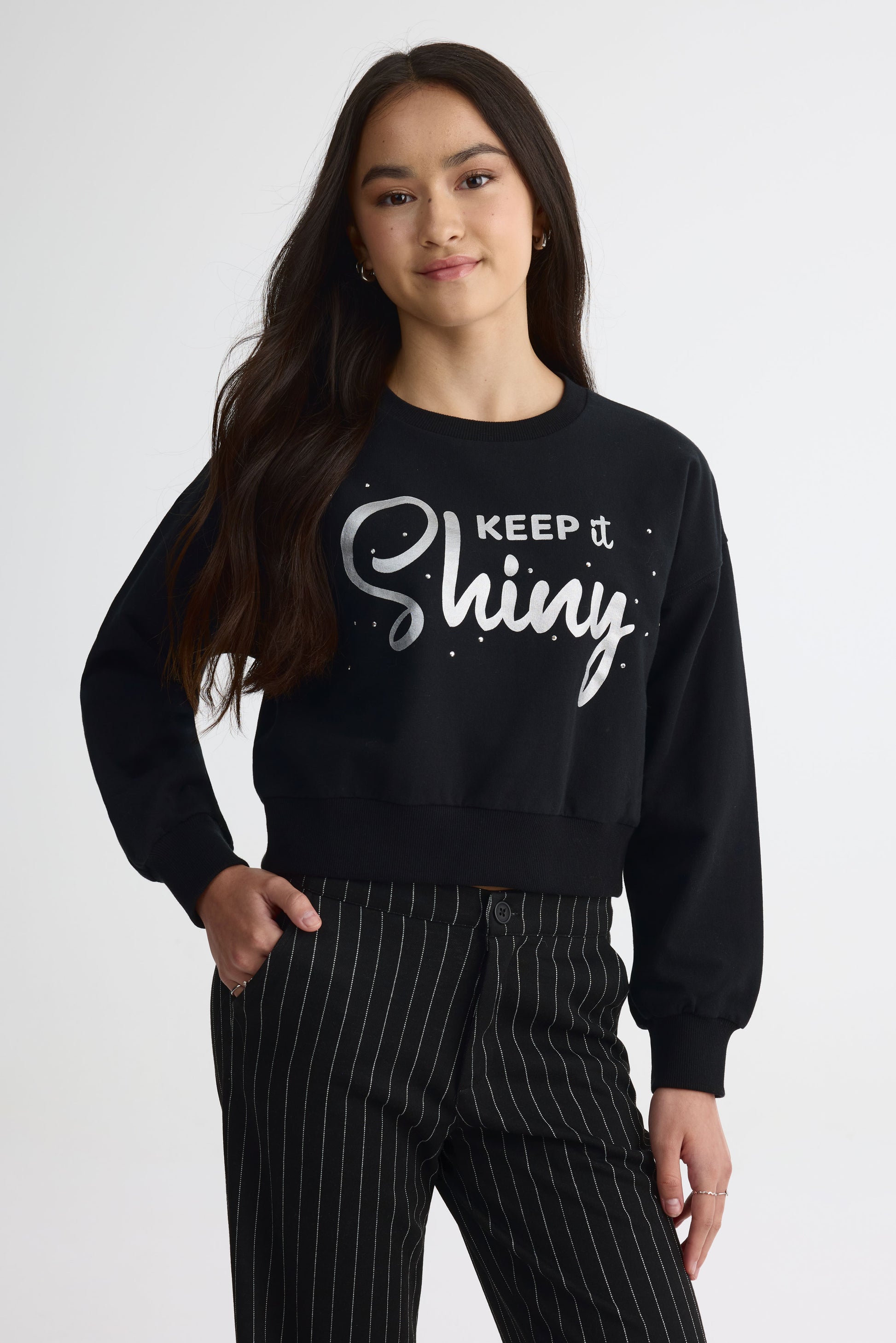 Chandail ouaté graphique manches longues – Ado fille && NOIR