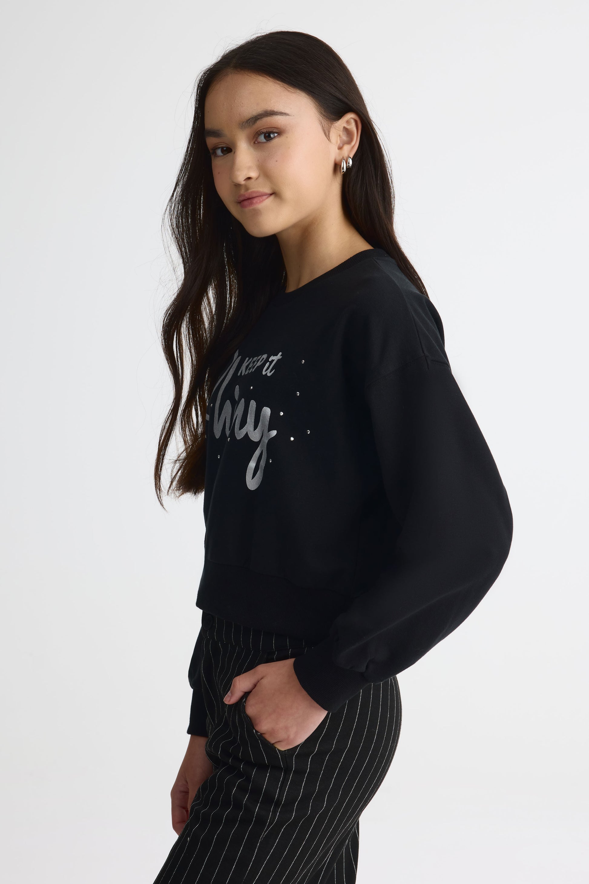 Chandail ouaté graphique manches longues – Ado fille && NOIR