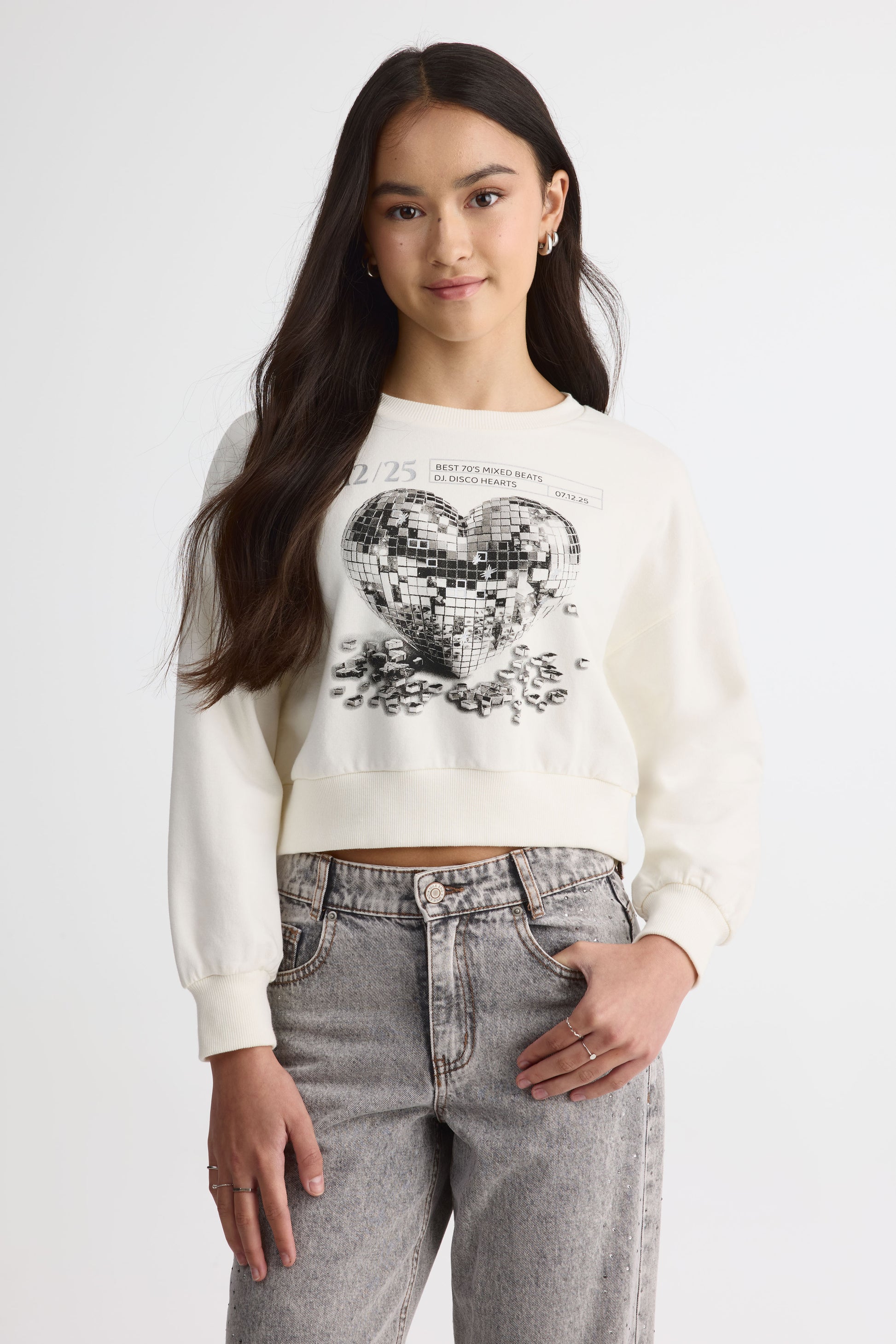 Chandail ouaté graphique manches longues – Ado fille && BLANC CASSÉ