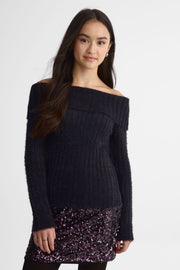 Chandail tricot manches longues col bateau - Ado fille && NOIR