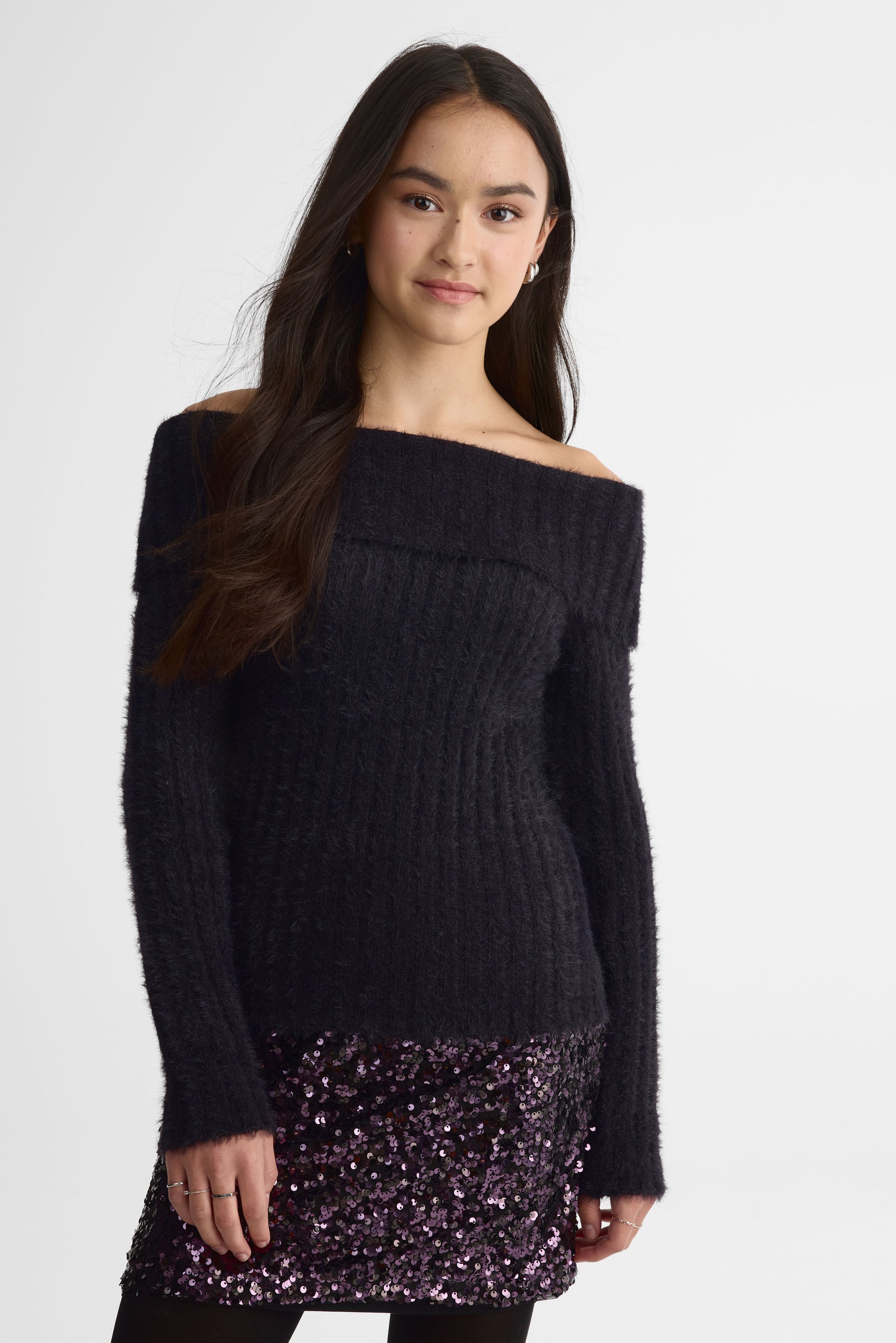 Chandail tricot manches longues col bateau - Ado fille && NOIR