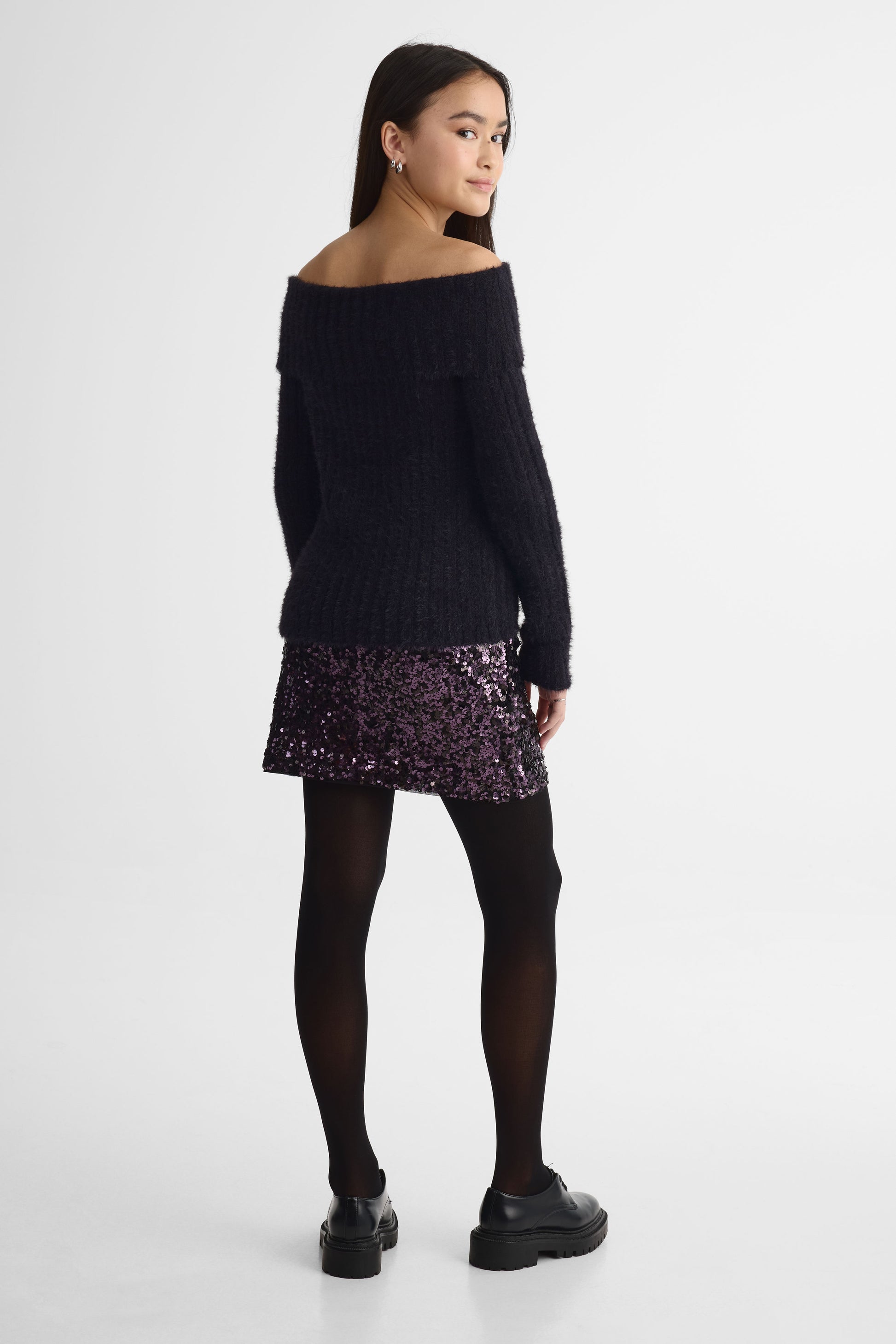 Chandail tricot manches longues col bateau - Ado fille && NOIR