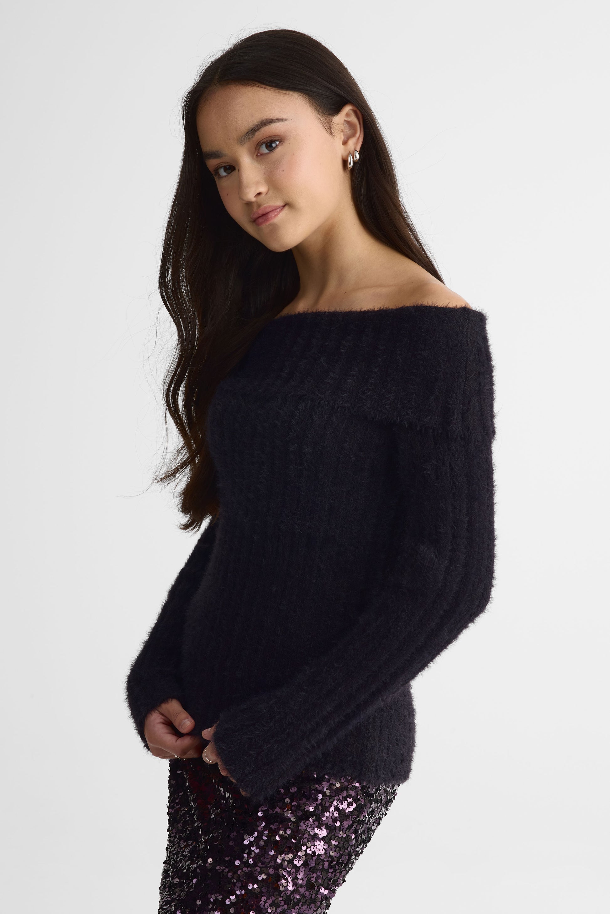 Chandail tricot manches longues col bateau - Ado fille && NOIR