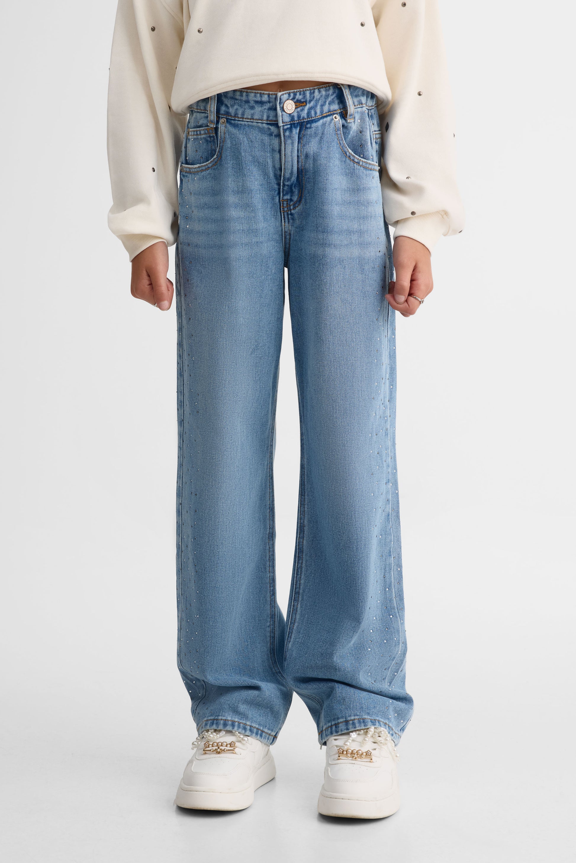 Jeans 5 poches années 90' avec strass - Ado fille && DENIM MOYEN