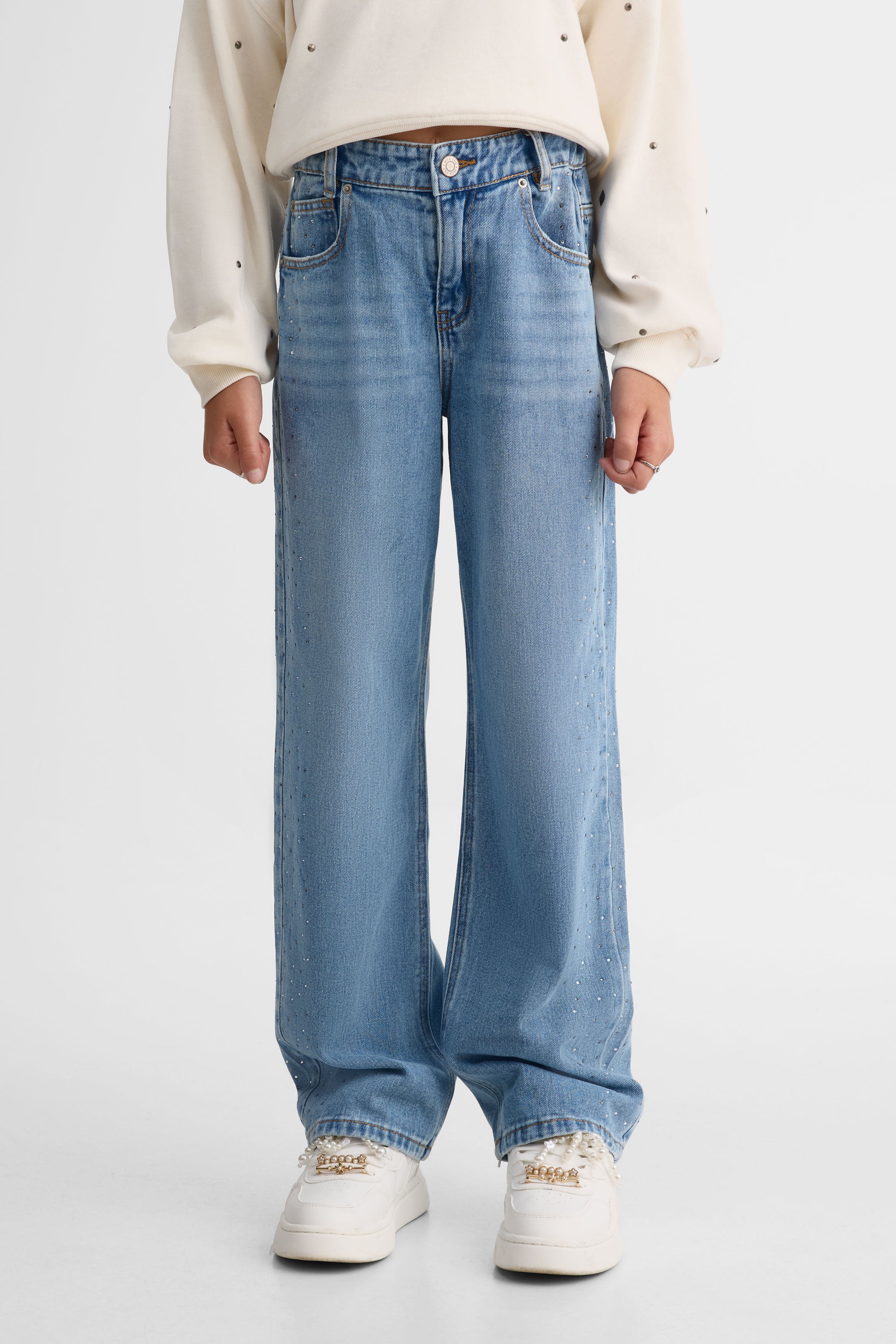 Jeans 5 poches années 90' avec strass - Ado fille && DENIM MOYEN