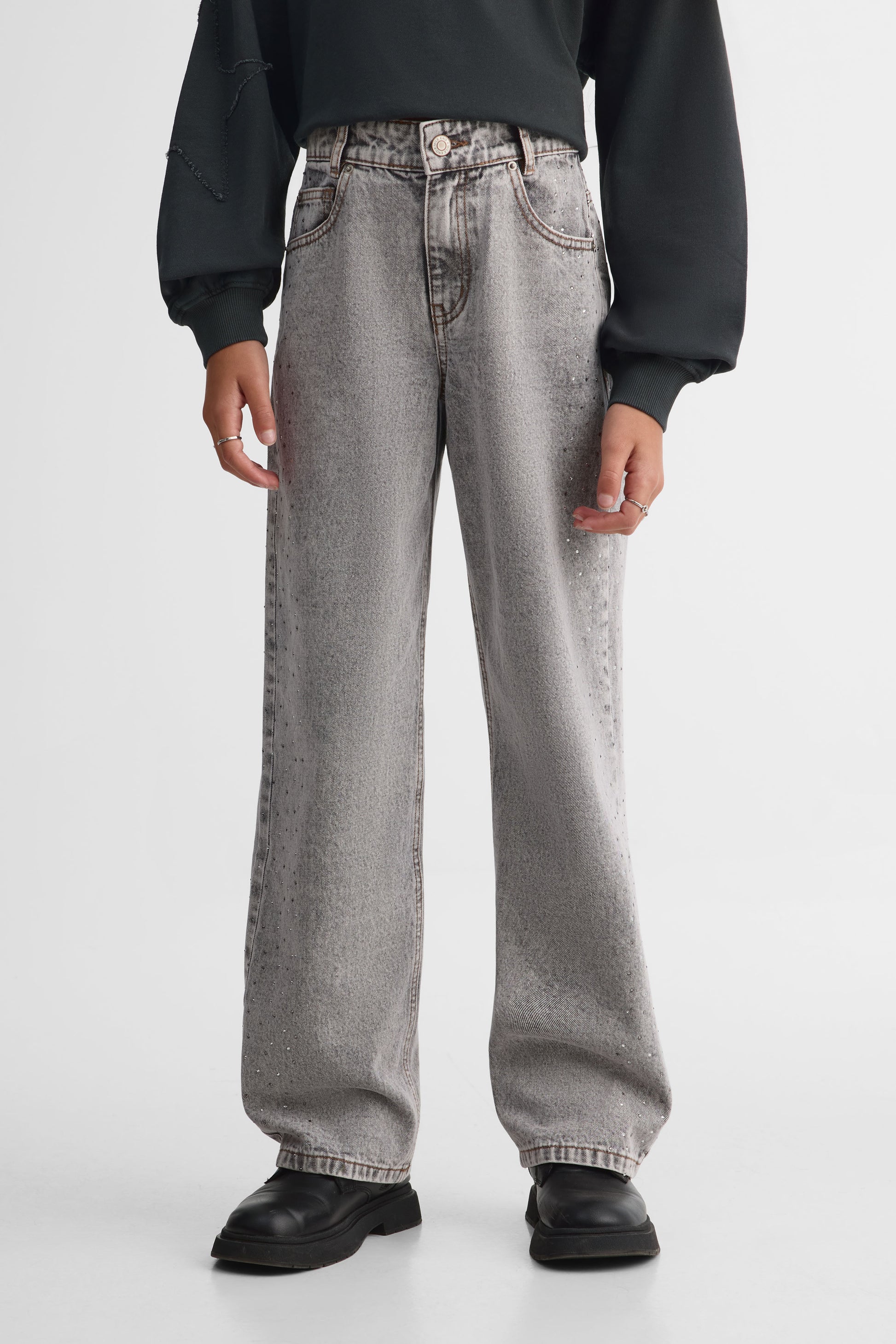 Jeans 5 poches années 90' avec strass - Ado fille && DENIM GRIS