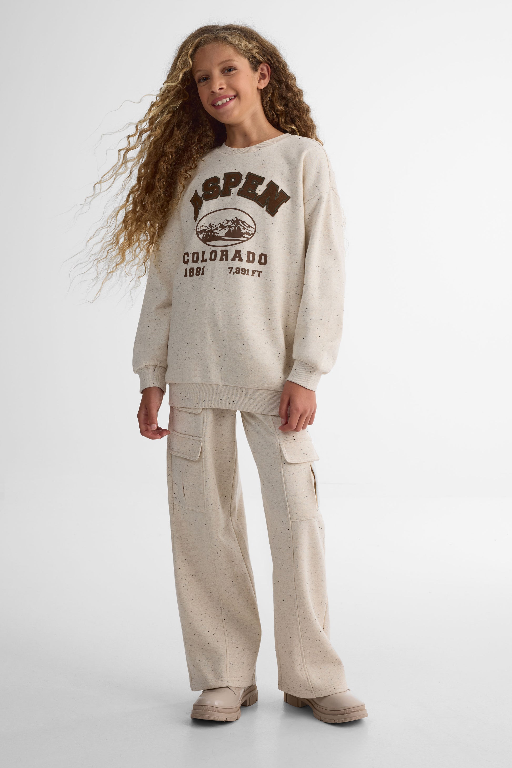 Chandail ouaté graphique à manches longues - Ado fille && OATMEAL