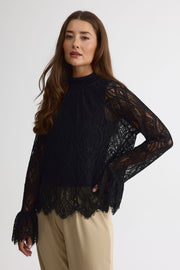 Blouse en dentelle cordée – Femme && NOIR