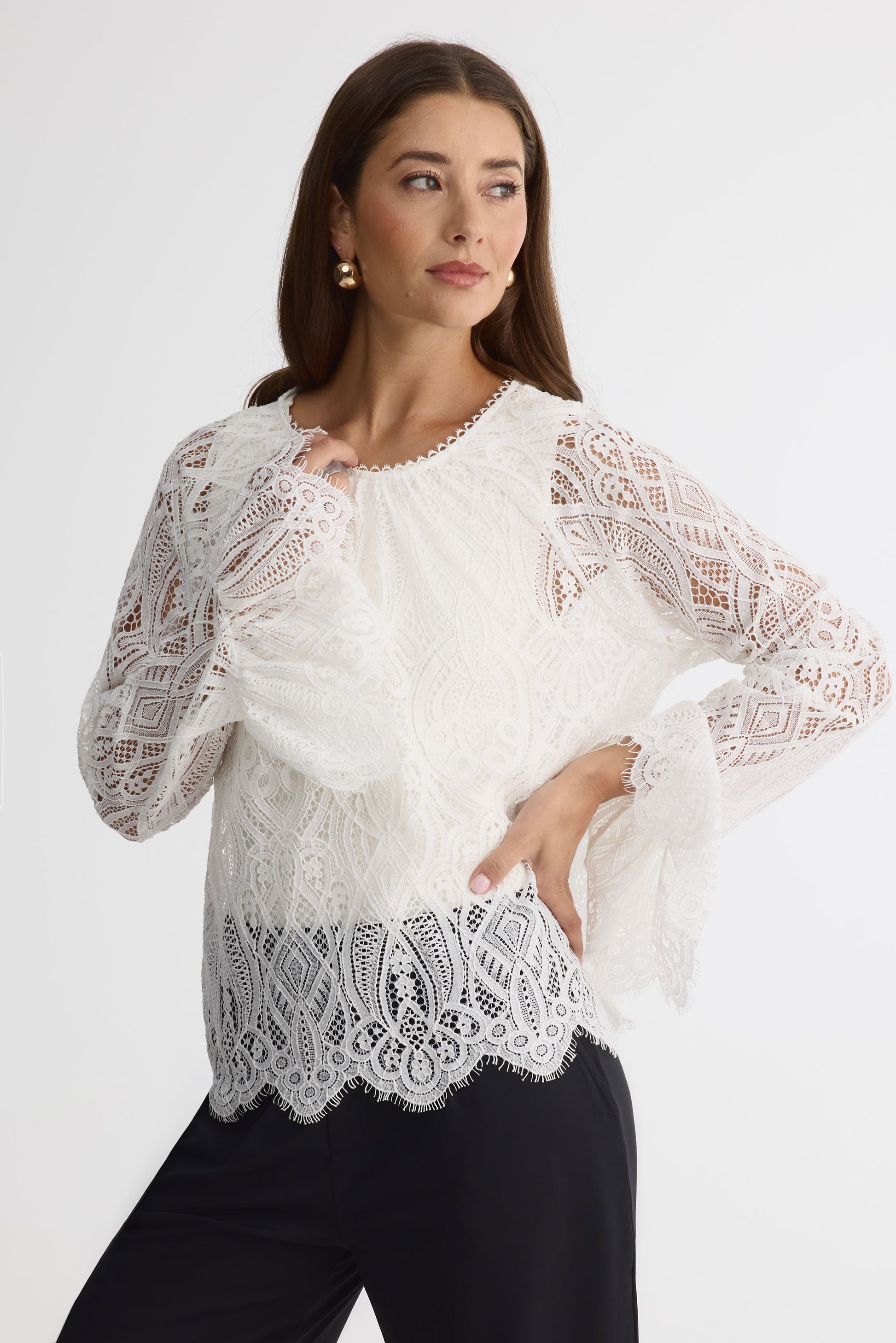Blouse en dentelle cordée – Femme && BLANC CASSÉ