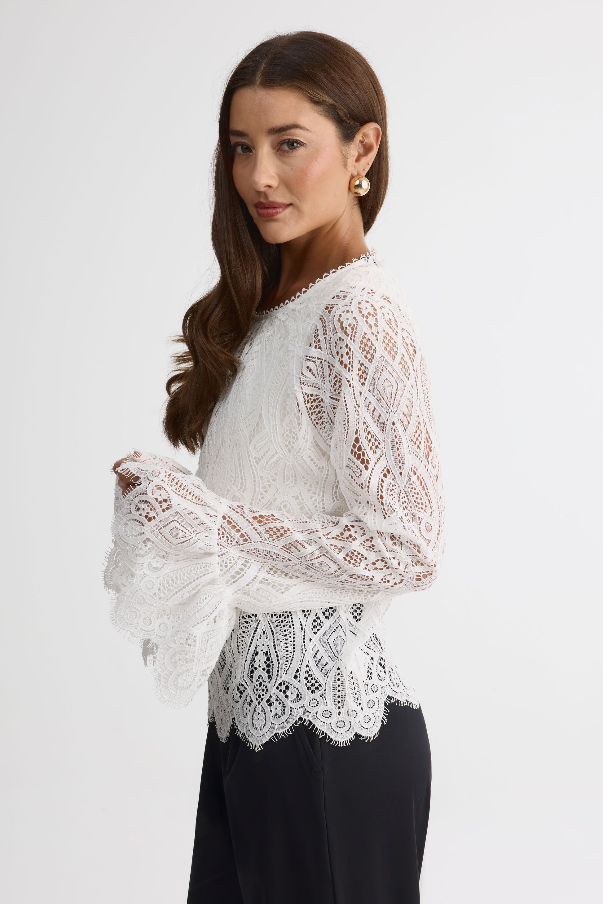 Blouse en dentelle cordée – Femme && BLANC CASSÉ