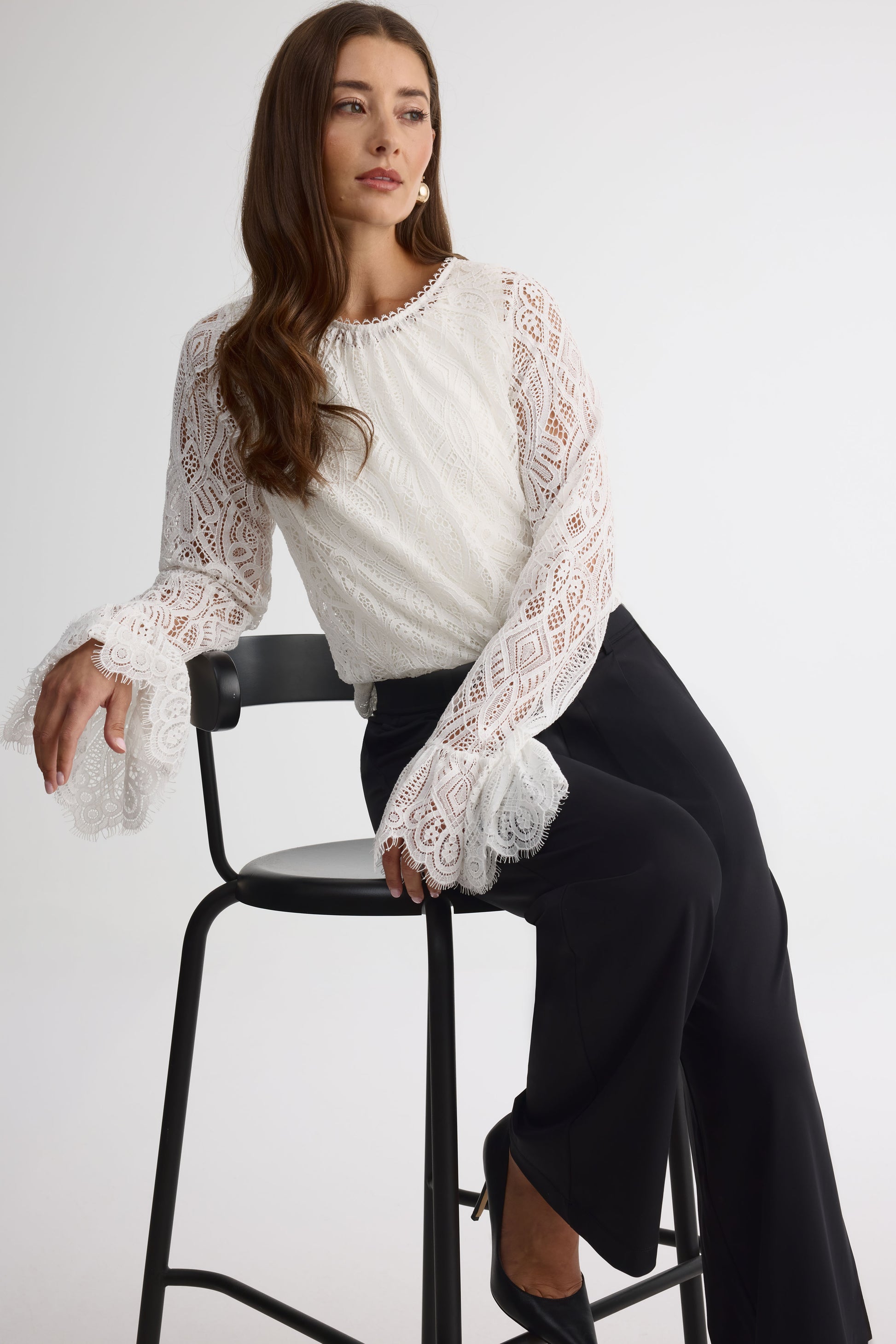 Blouse en dentelle cordée – Femme && BLANC CASSÉ