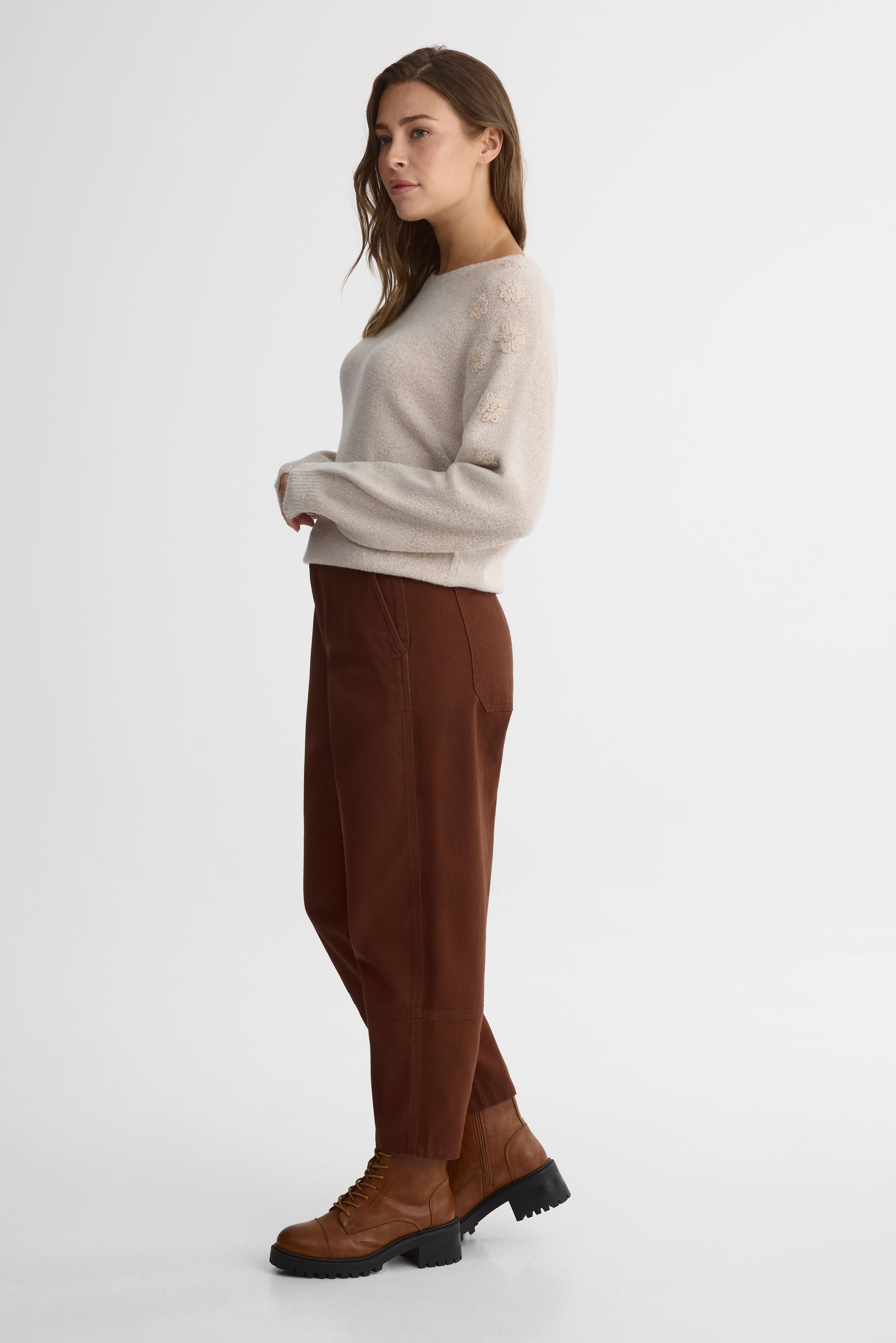 Pantalon cropped taille haute en twill - Femme && BRUN